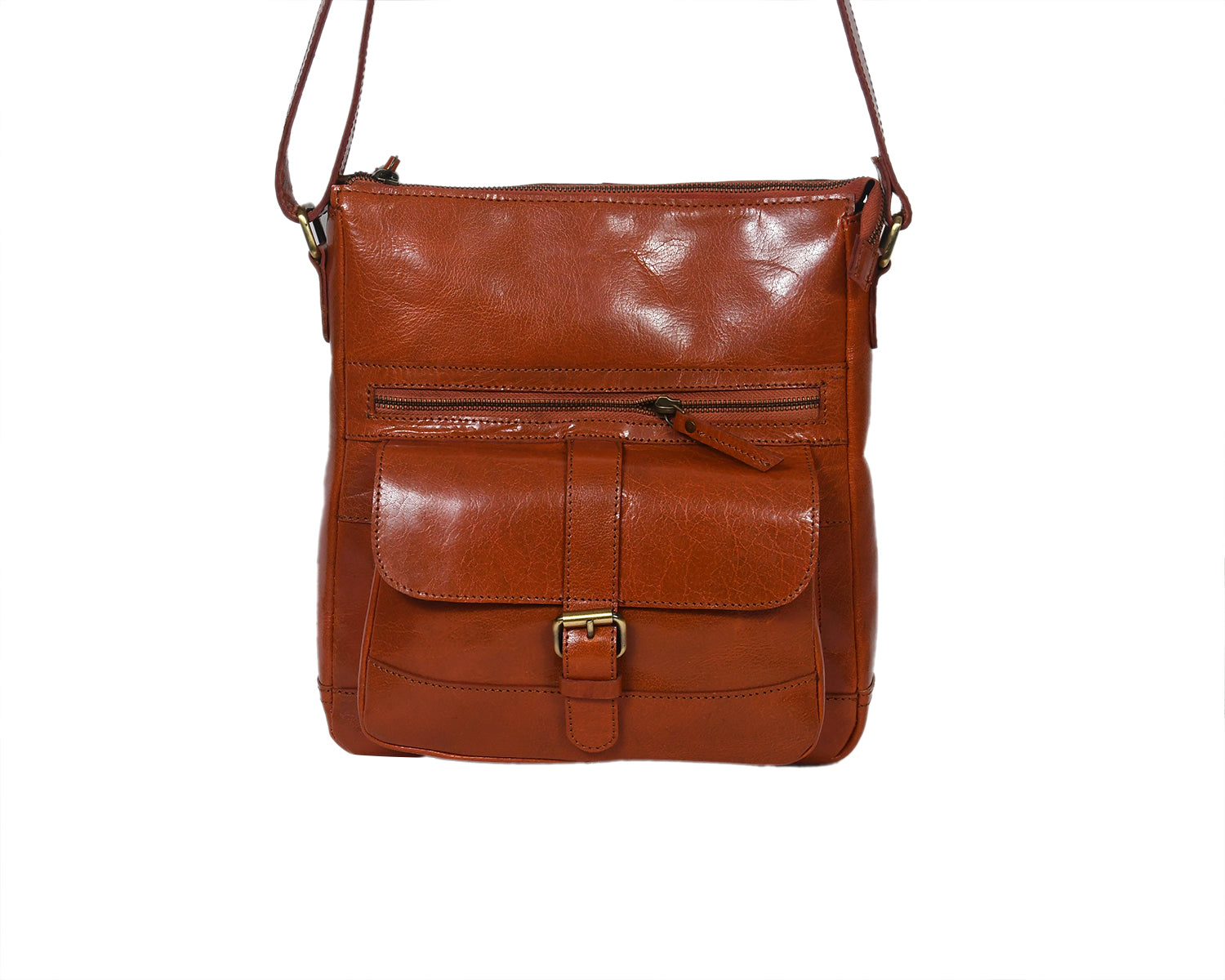Slim Genuine Leather Crossbody Bag with Buckle Pocket & Multiple Compartments