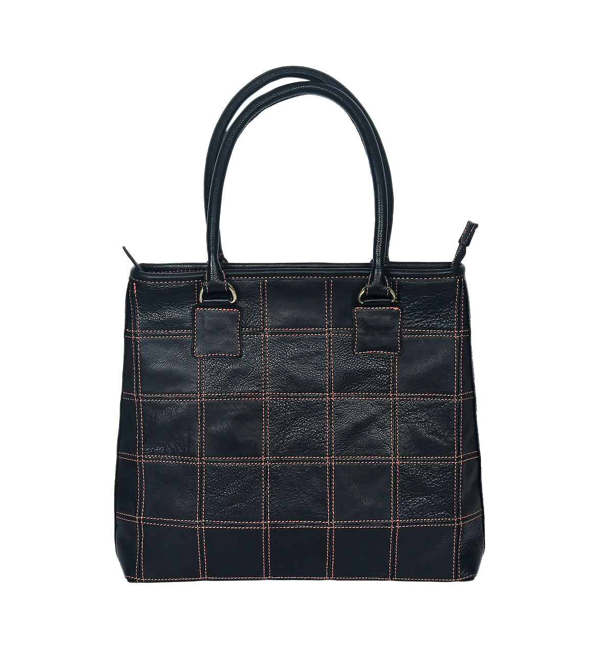 Premium Women Black Leather Tote Bag with Red Stitch Grid and Spacious Interior