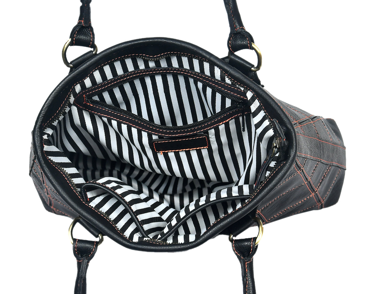 Premium Women Black Leather Tote Bag with Red Stitch Grid and Spacious Interior