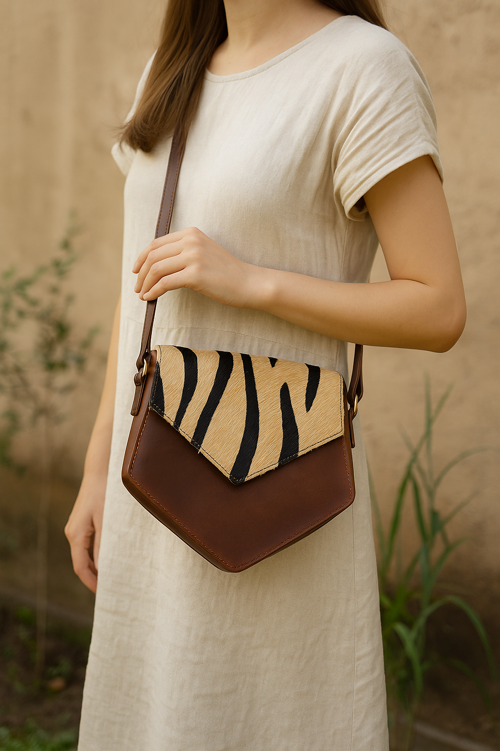 Women's Leather Sling Bag with Zebra Pattern Flap Brown Crossbody Shoulder Bag