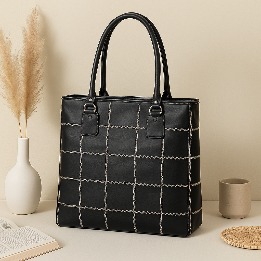 "Chic Contrast: Black Tote Bag with White Stitching for Timeless Style" Art: BG-1142-Z