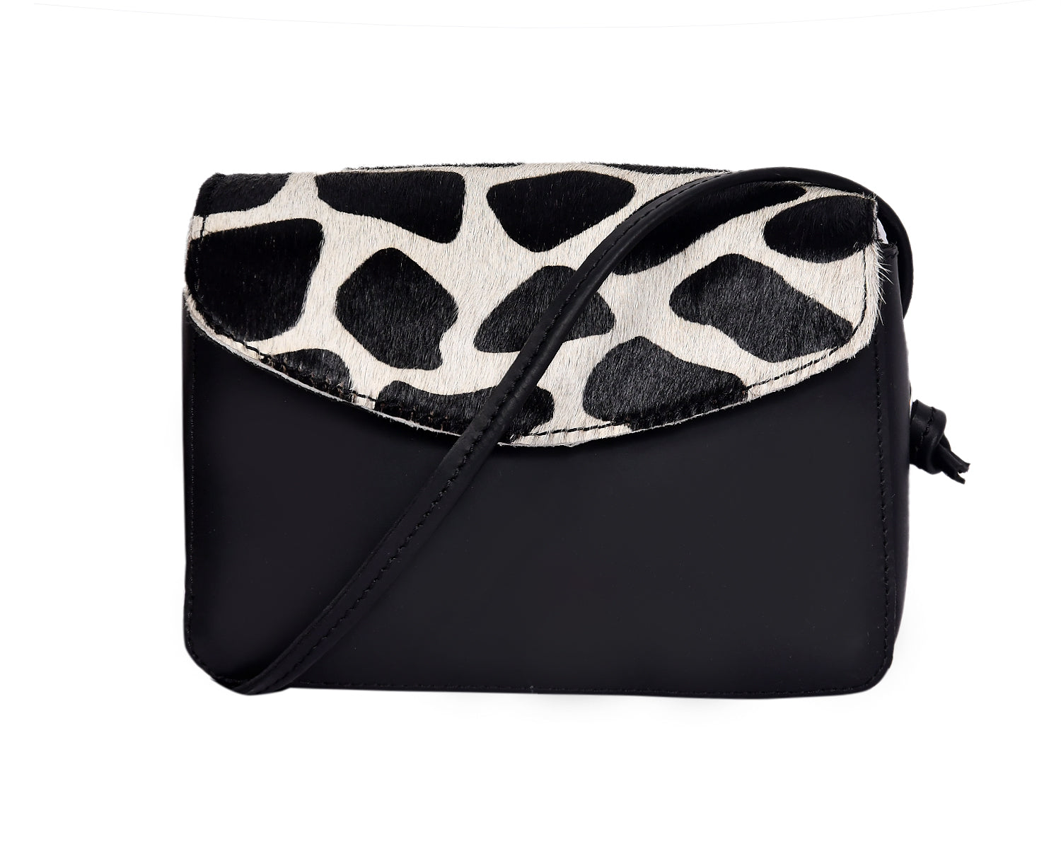 Black Genuine Leather Crossbody Bag with Animal-Print Flap for Women