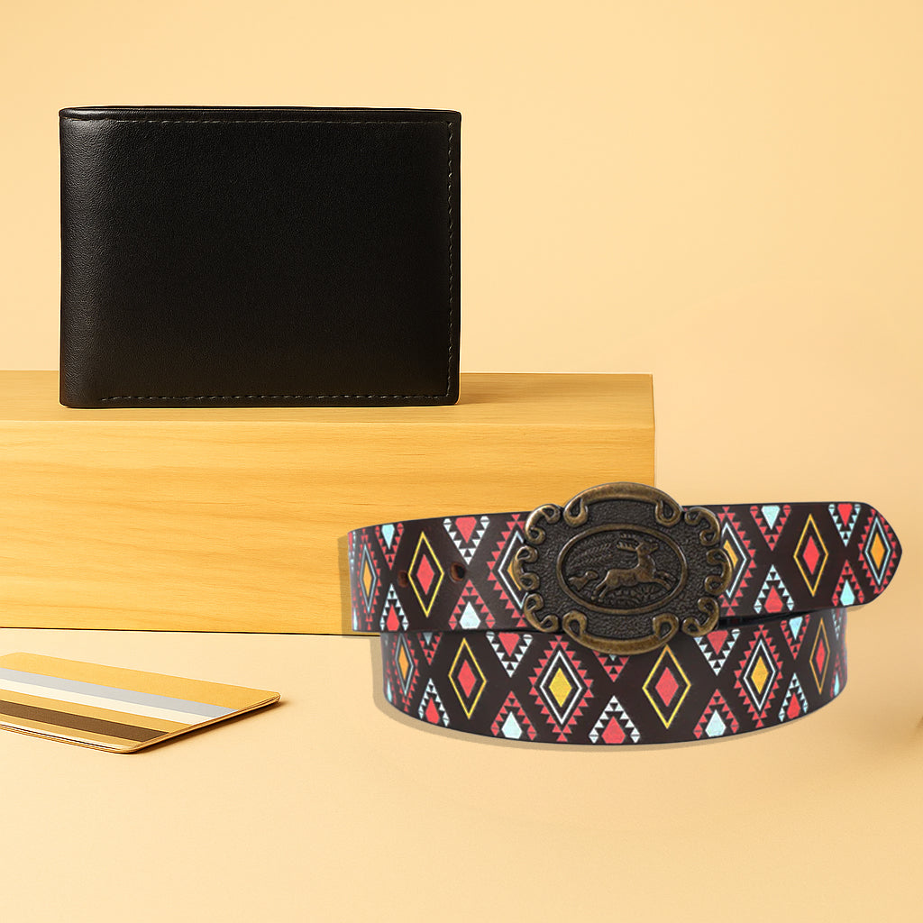 Vintage Style Combo: Multicolor Printed Belt & Classic Black Leather Wallet