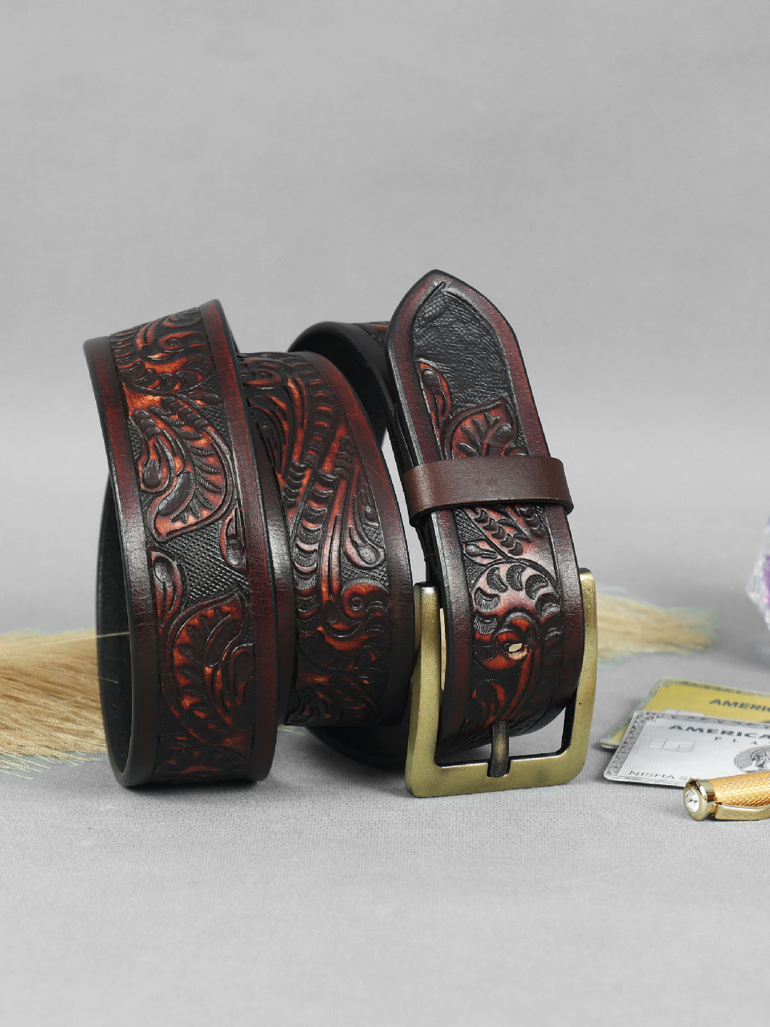 Handcrafted Brown Leather Western Belt with Brass Buckle ’?????? Embossed Vintage Floral Design for Men