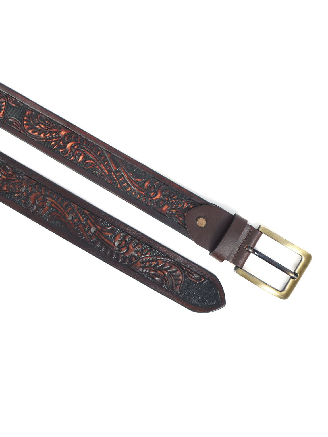 Handcrafted Brown Leather Western Belt with Brass Buckle ’?????? Embossed Vintage Floral Design for Men
