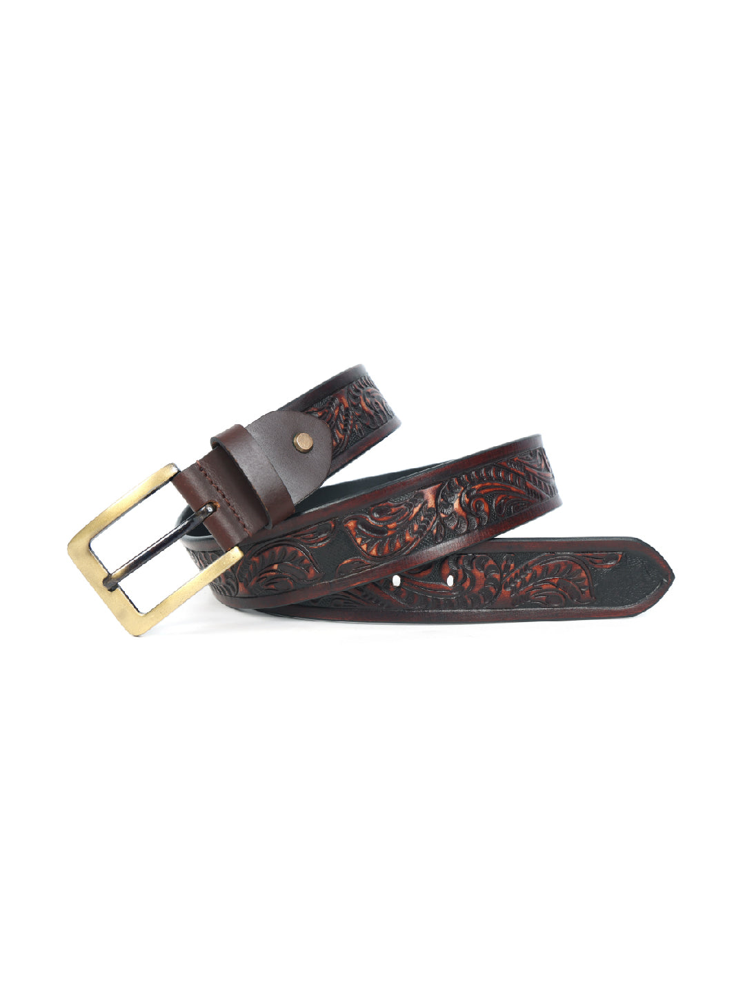Handcrafted Brown Leather Western Belt with Brass Buckle ’?????? Embossed Vintage Floral Design for Men