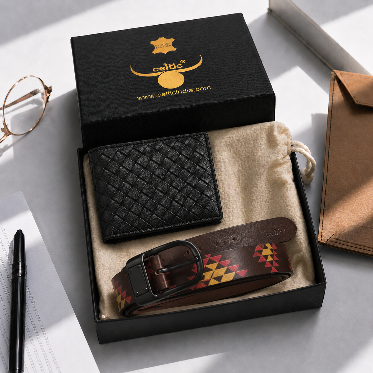 Premium Leather Style Combo | Braided Wallet & Printed Belt