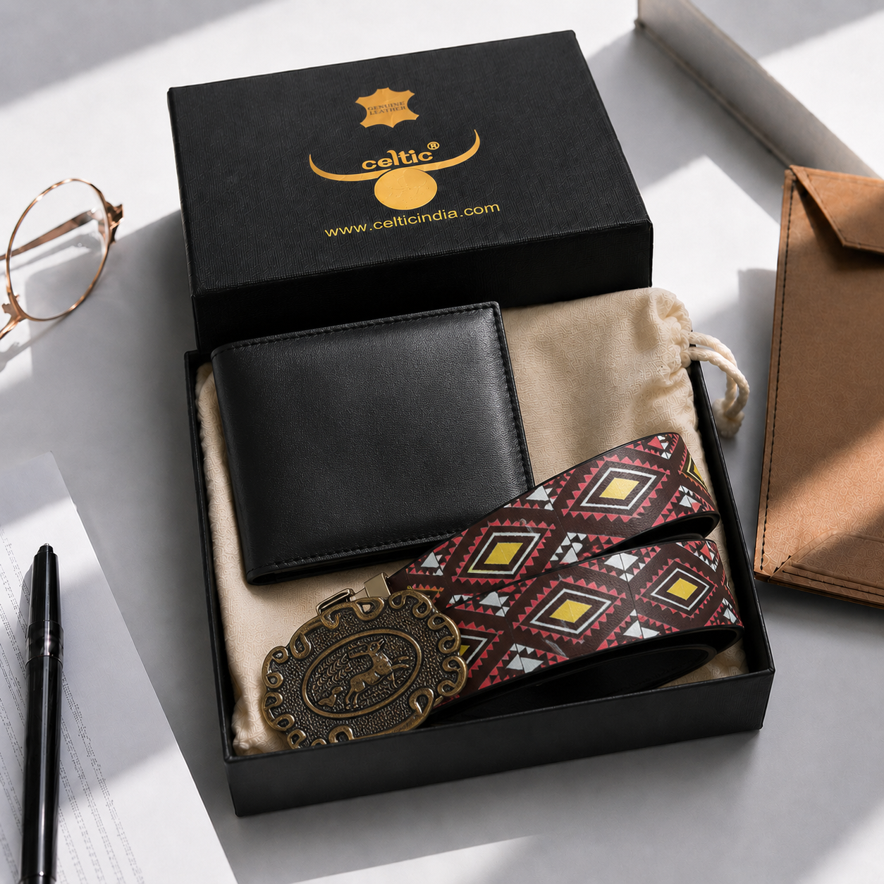 Vintage Style Combo: Multicolor Printed Belt & Classic Black Leather Wallet