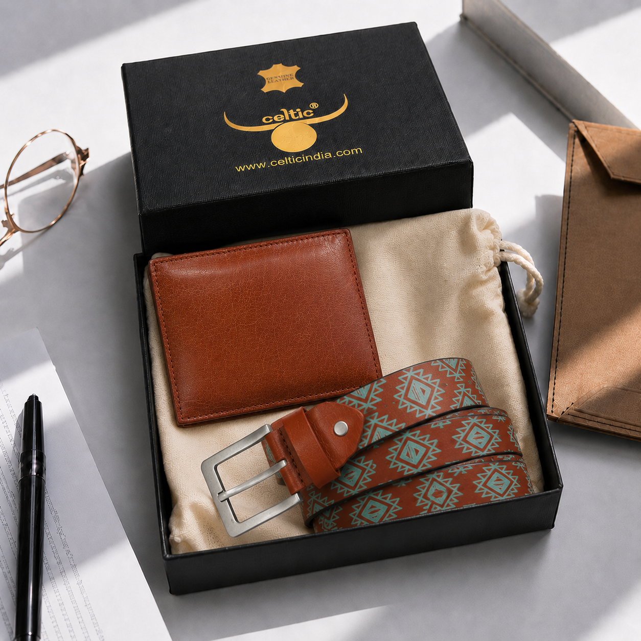 Men's Leather Wallet + Printed Belt Combo Style & Function Pack