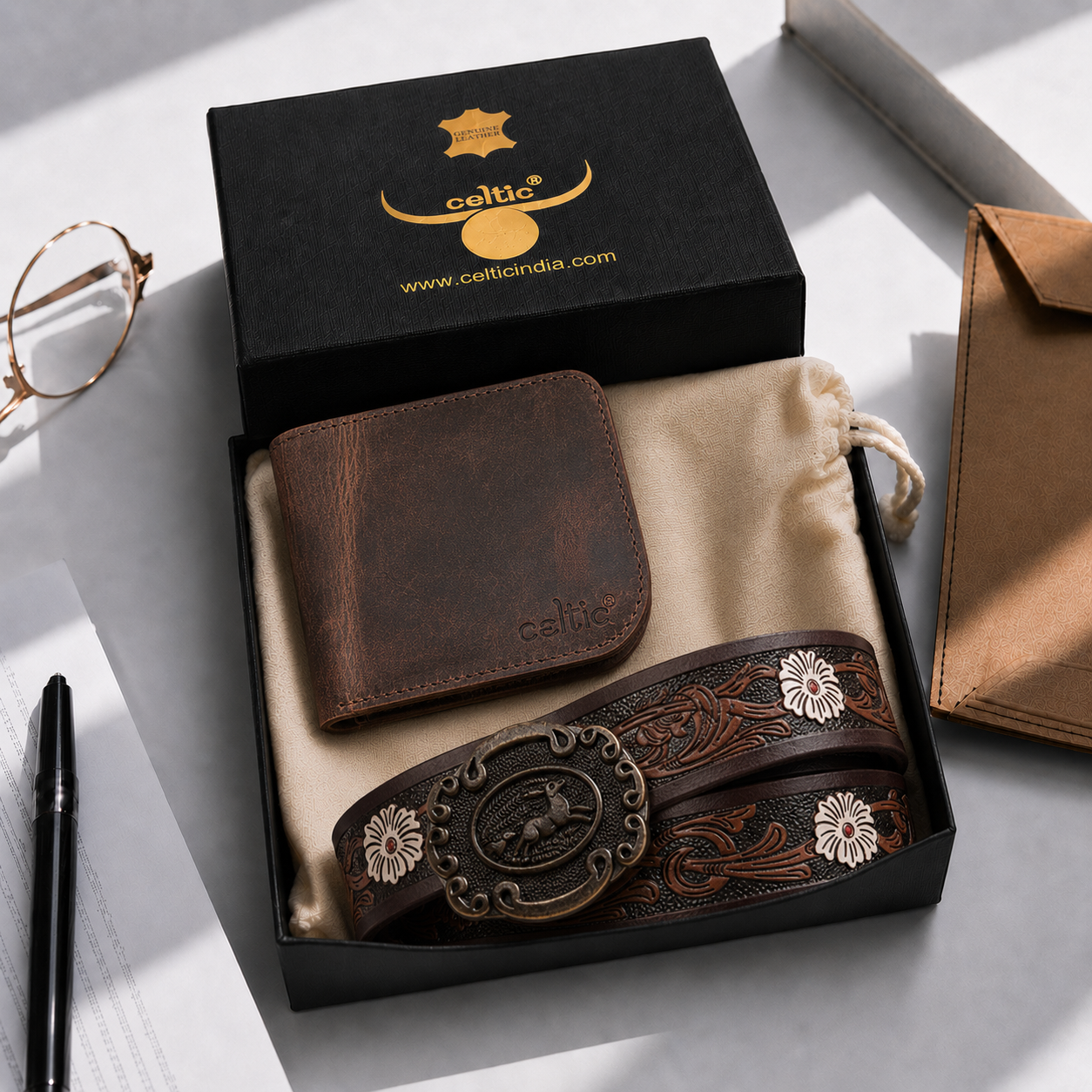 Artisan Brown Tooling Belt + Dual-Tone Wallet Gift Combo