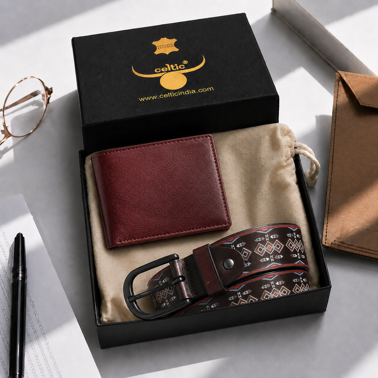 Leather Wallet & Printed Belt Combo Premium Gift Set for Men