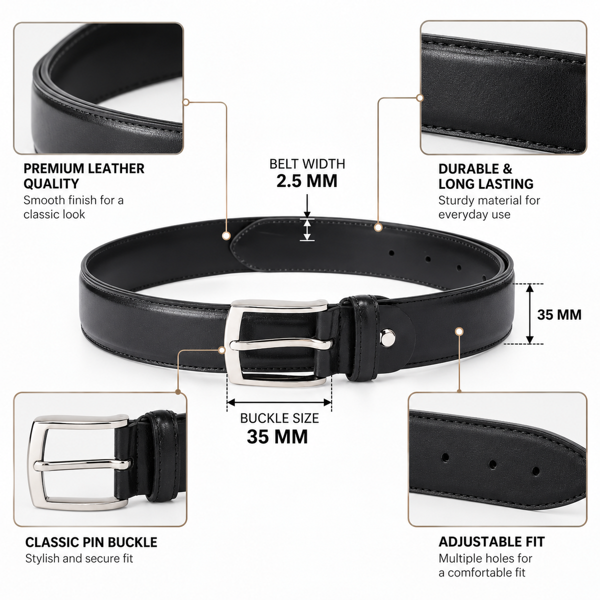 Unisex Genuine Leather Black Waist Accessory Durable Metal Buckle Formal Casual Wear