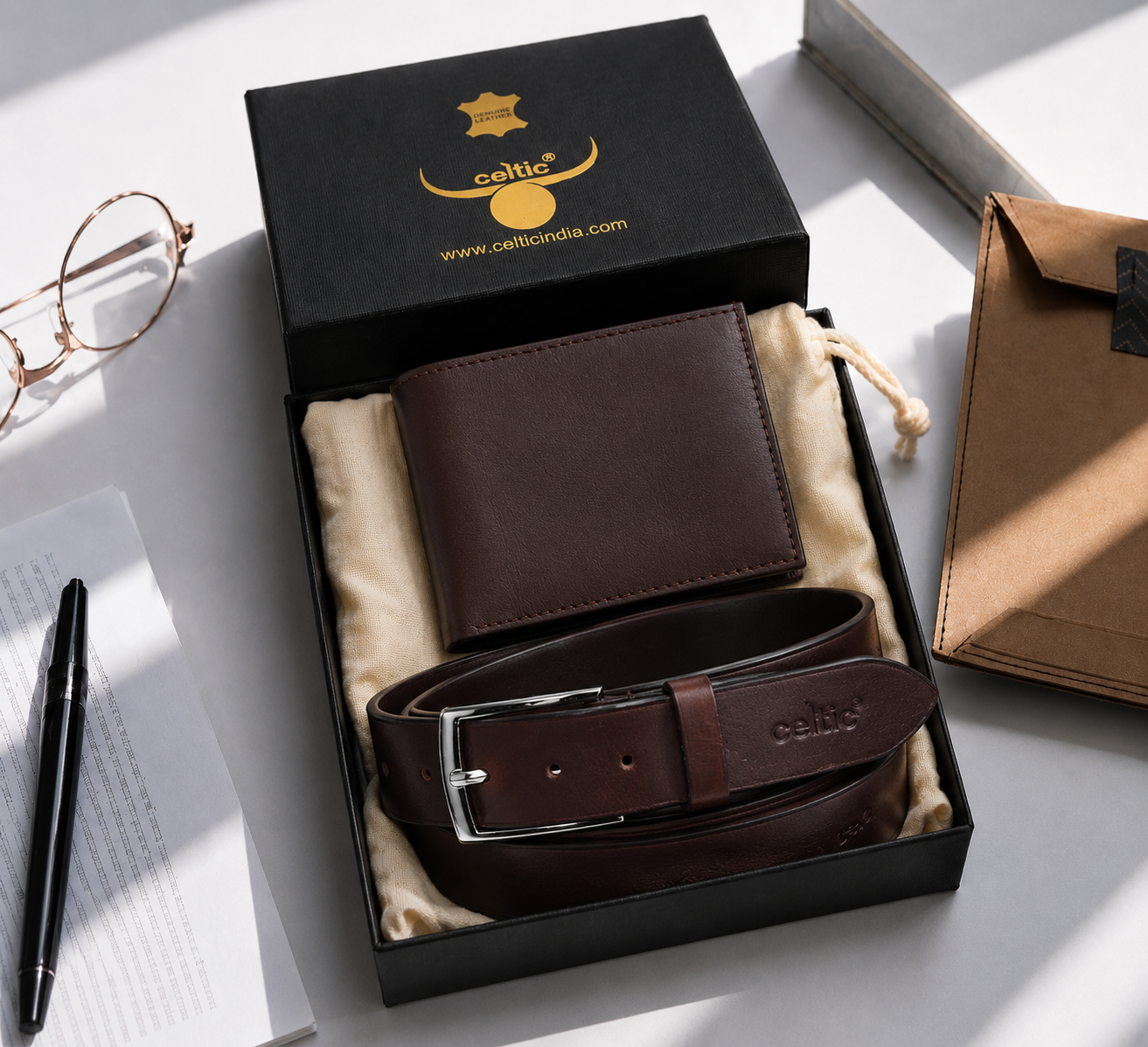 Premium Dark Brown Leather Belt & Wallet Combo for Men | Classic Formal Everyday Gift Set