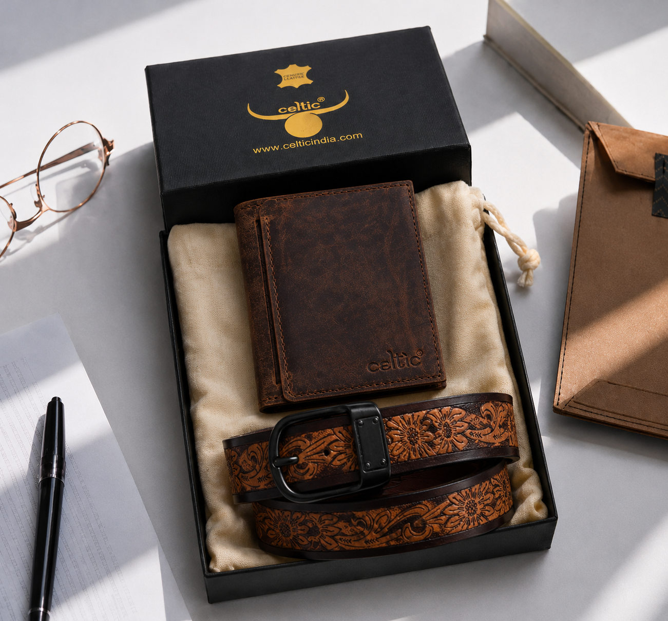 Premium Brown Embossed Leather Belt & Wallet Combo for Men | Vintage Floral Designer Gift Set