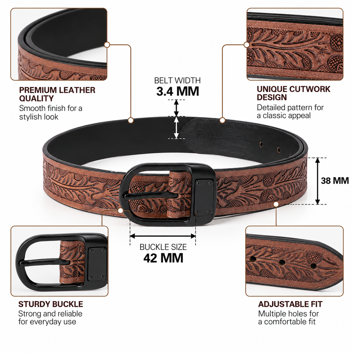Premium Genuine Leather Embossed Brown Western Waist Accessory Matte Black Buckle