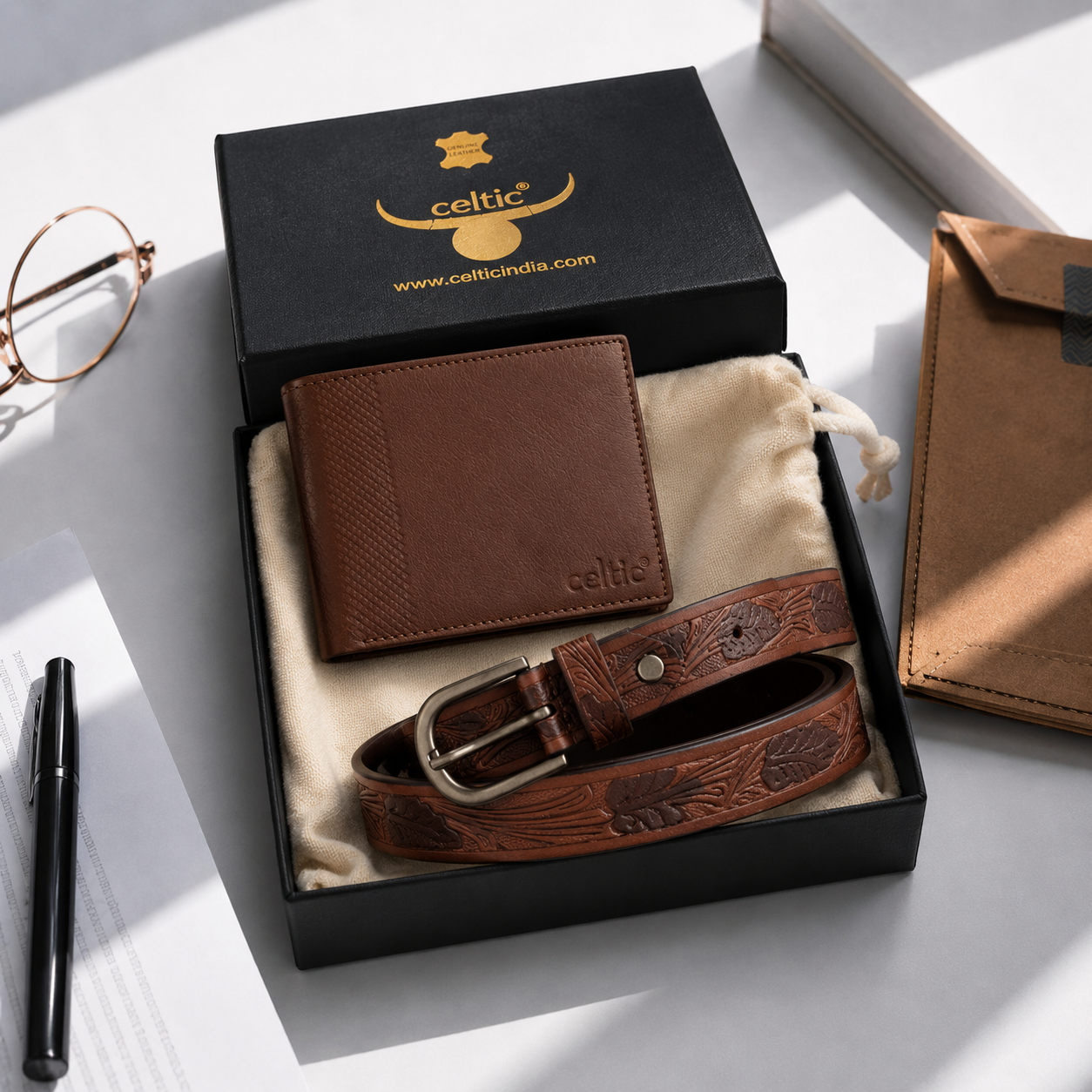 Premium Brown Textured Leather Belt & Wallet Combo for Men | Vintage Style Gift Set
