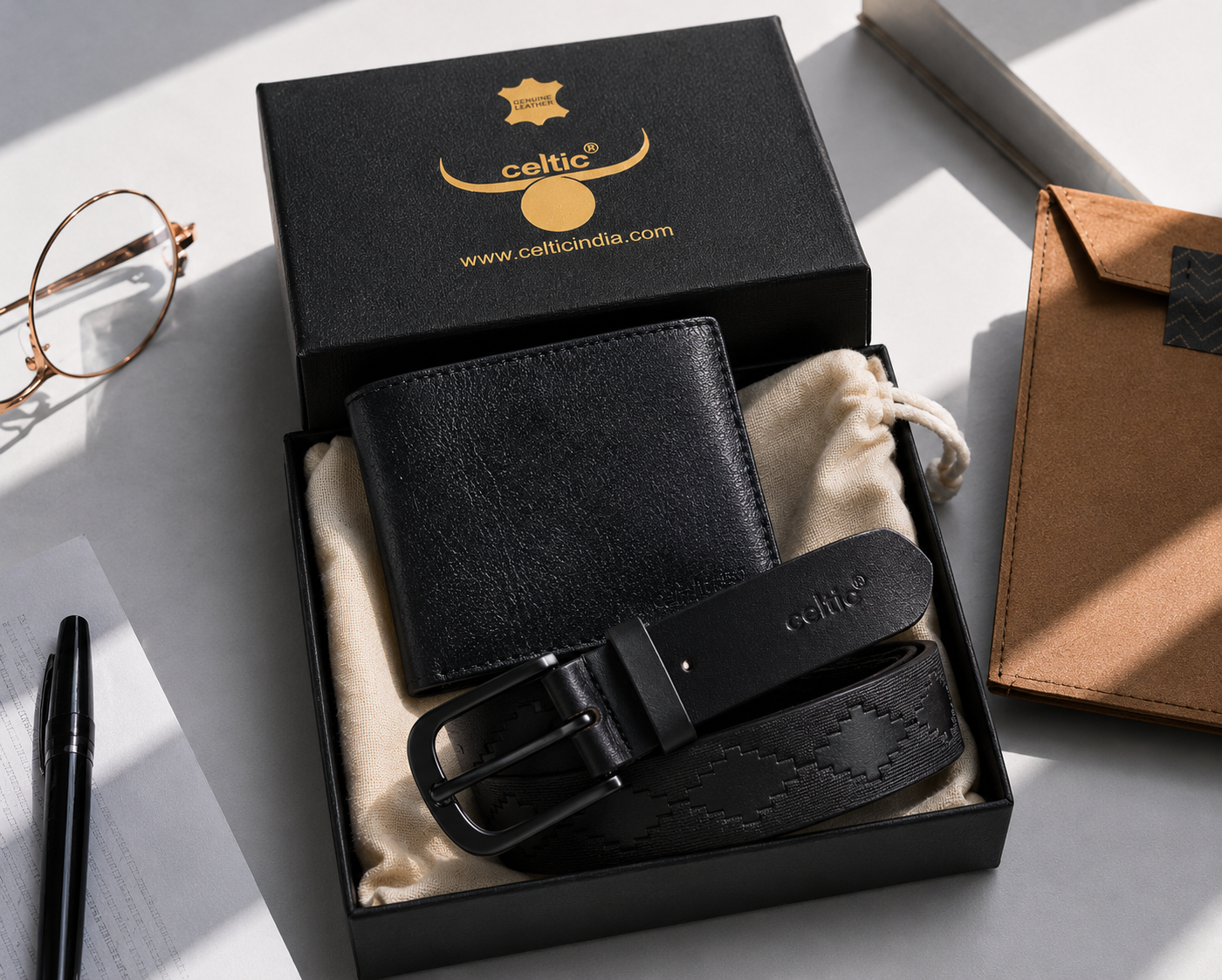 Premium Black Textured Leather Belt & Wallet Combo for Men | Classic Minimal Everyday Gift Set