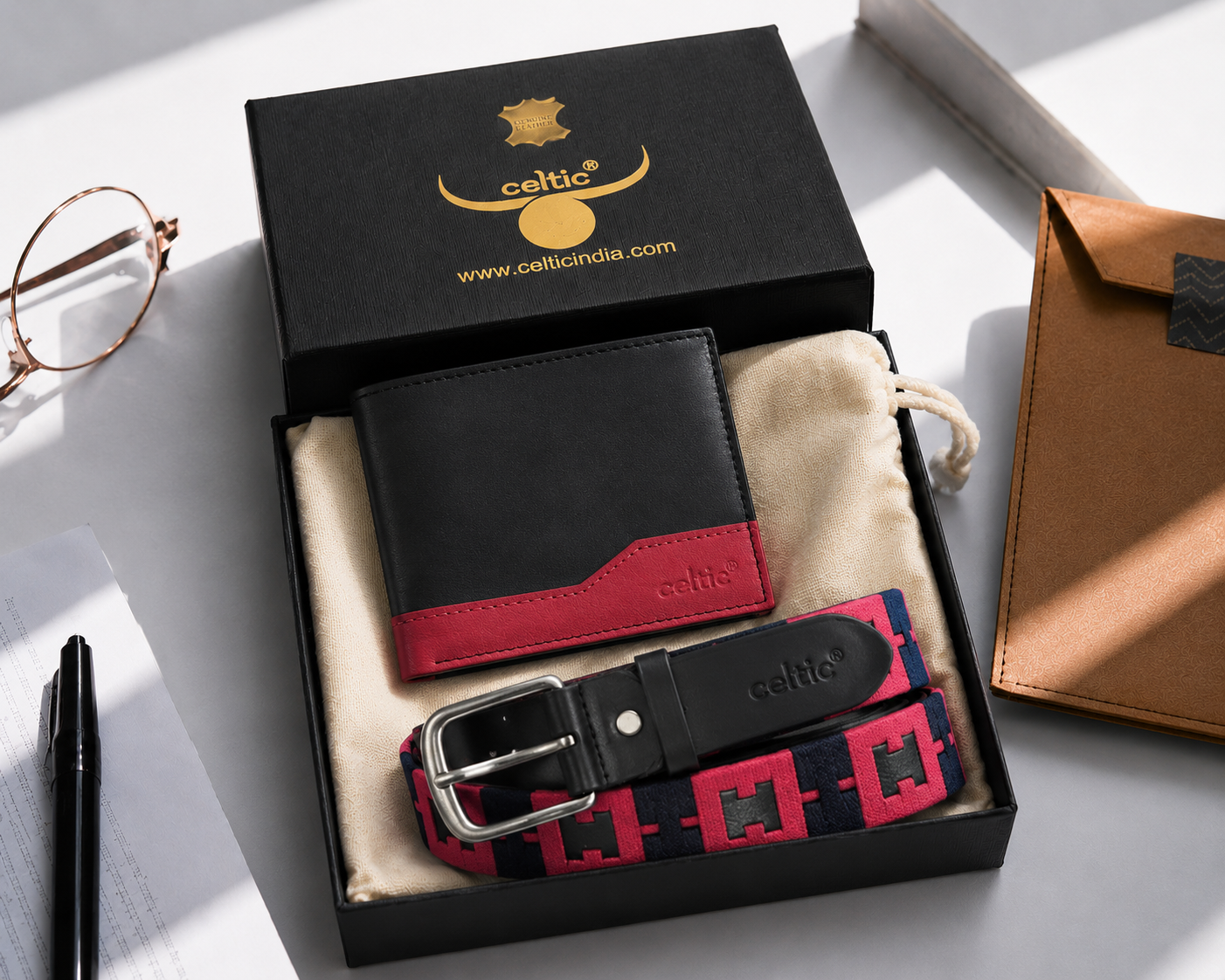 Premium Black & Red Leather Belt & Wallet Combo for Men | Trendy Designer Casual Gift Set