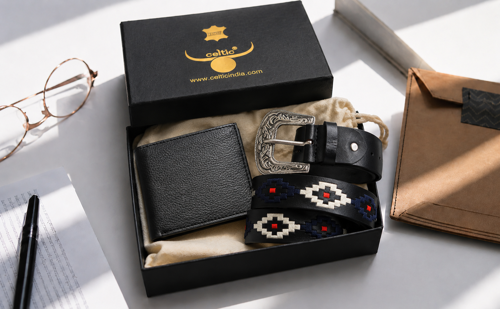 Premium Black Designer Leather Belt & Wallet Combo for Men | Western Buckle Statement Gift Set