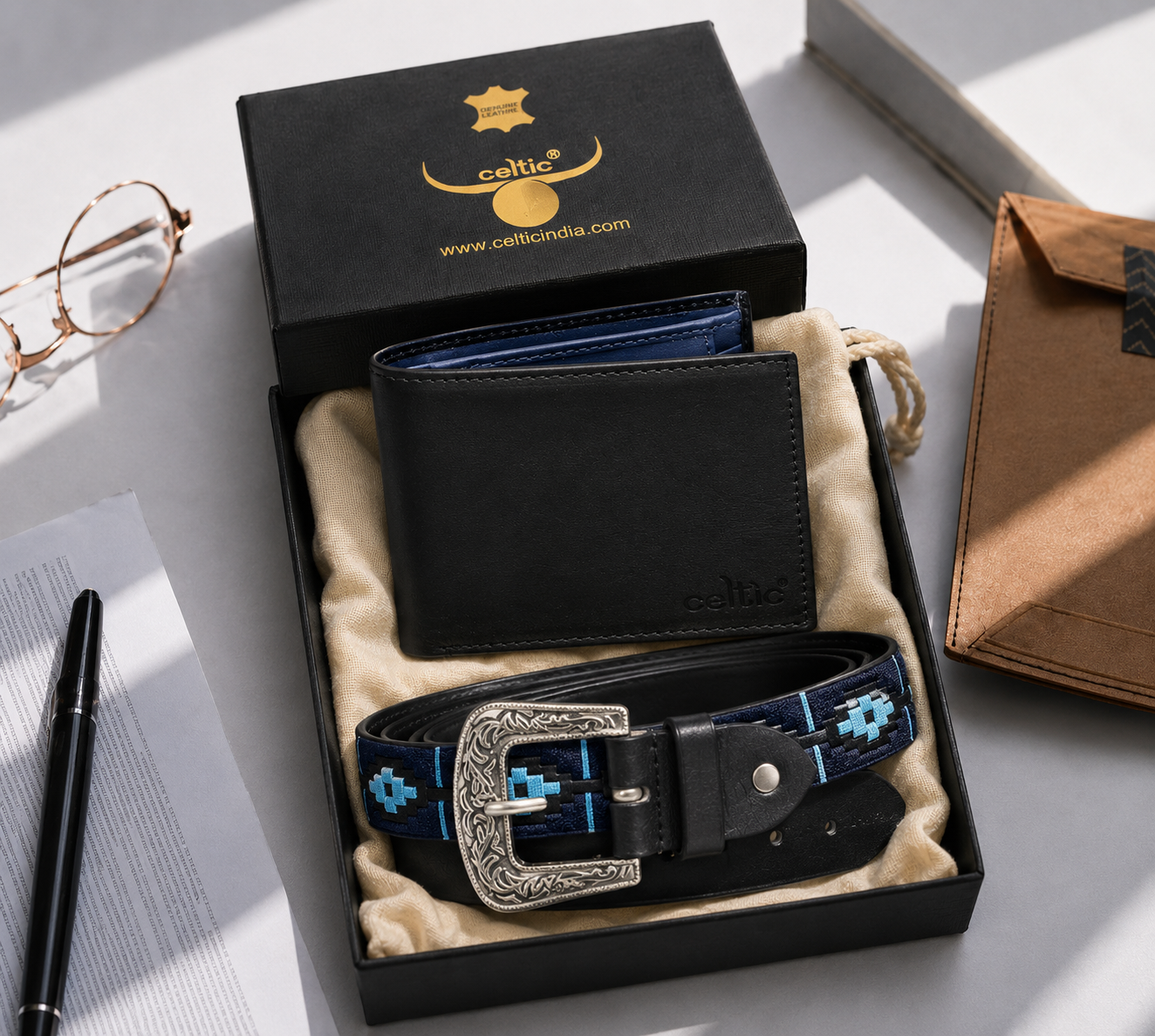 Premium Black Embossed Leather Belt & Textured Wallet Combo for Men |Premium Gift Set