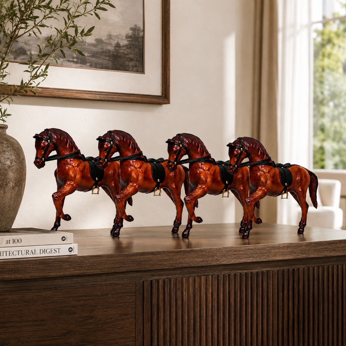 Celtic Handcrafted Leather Set of 4 Horses Showpiece – Elegant Walking Horse Figurine for Home and Office Decor | Exquisite Animal Sculpture Gift Item