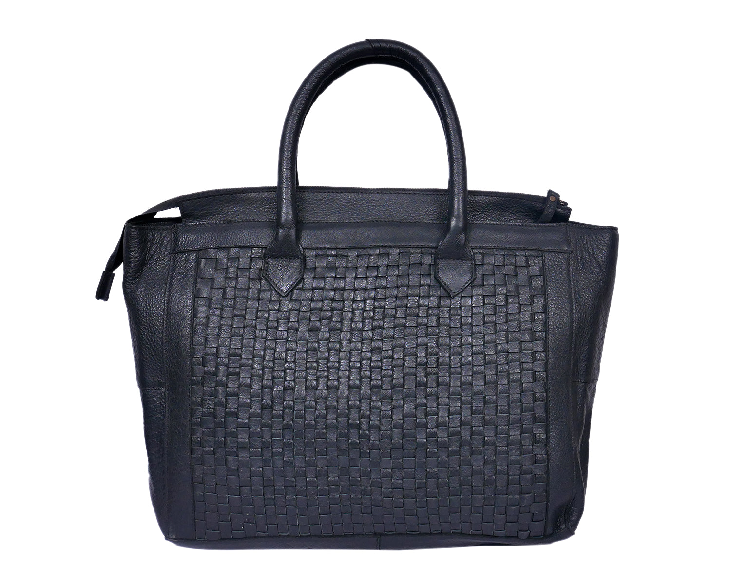 Genuine Leather Tote Bag Black with Woven Front, Zip Closure & Dual Carry Handles