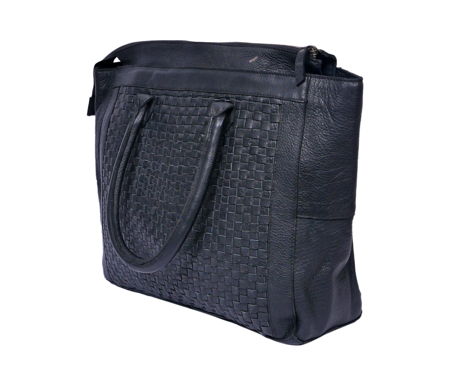 Genuine Leather Tote Bag Black with Woven Front, Zip Closure & Dual Carry Handles