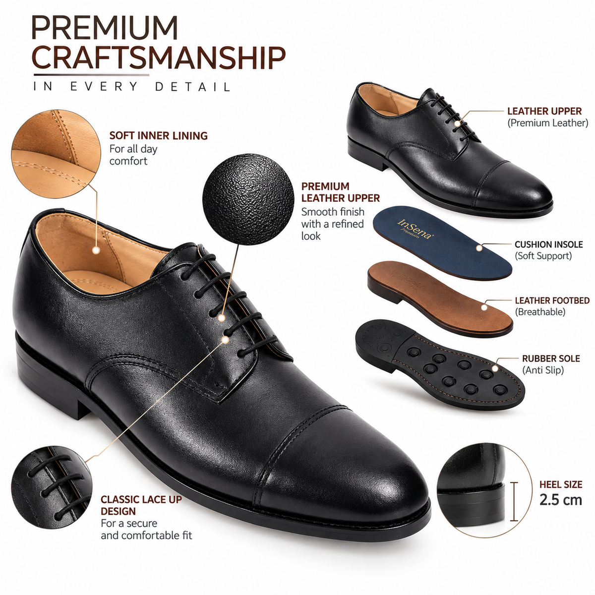 Premium Genuine Leather Cap Toe Lace-Up Formal Shoes | Classic Oxford Style | Office & Business Wear