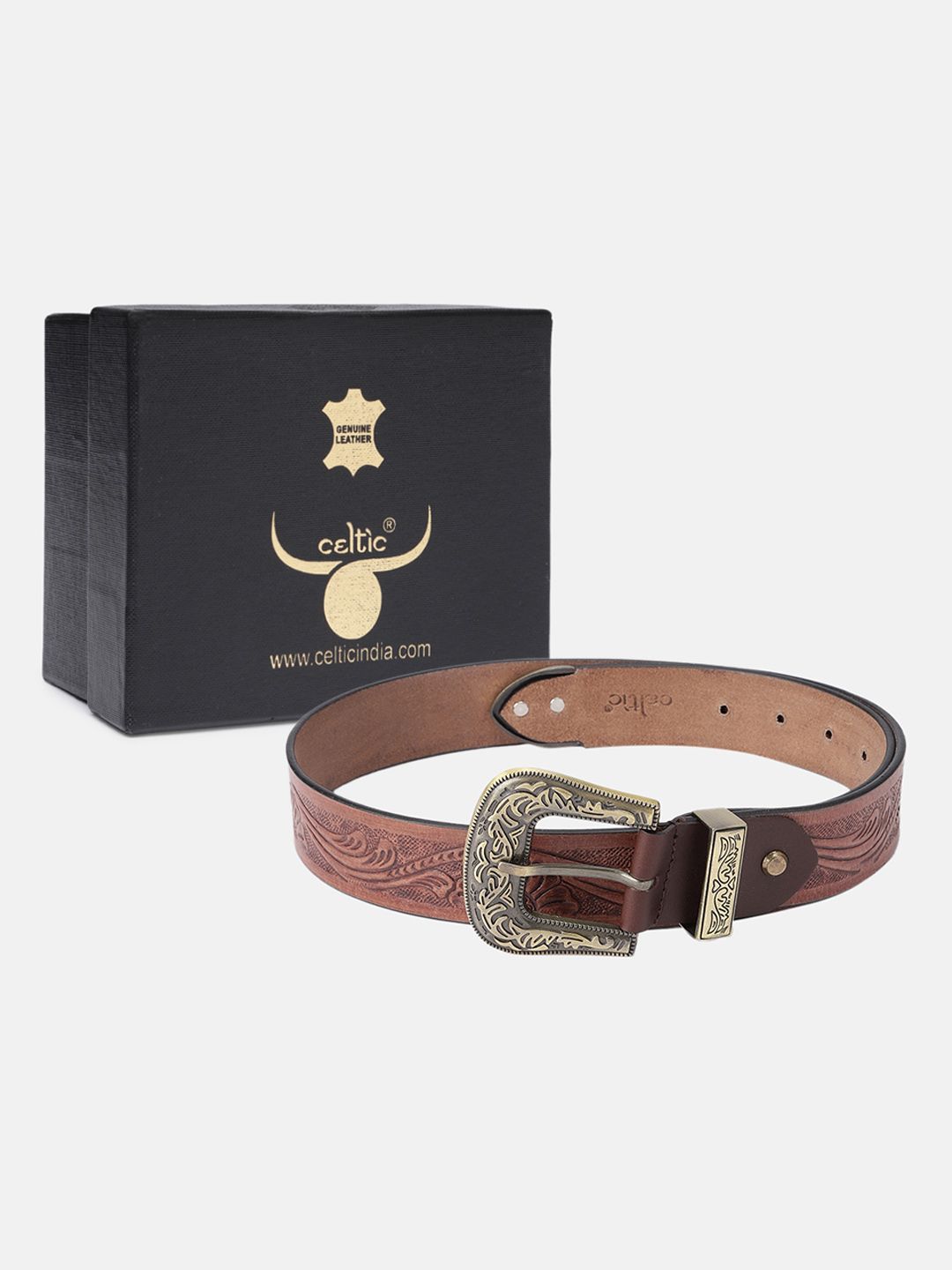 Genuine Leather Embossed Western Waist Accessory Ornate Buckle Tip