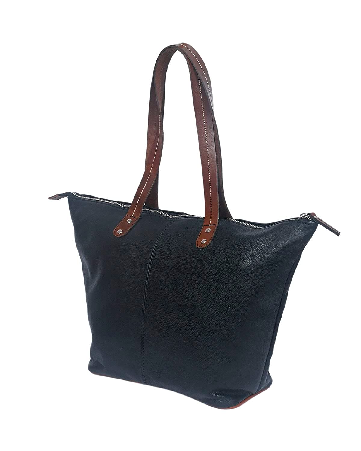 Genuine Leather Black Tote Bag with Minimal Design and Top Zip Closure