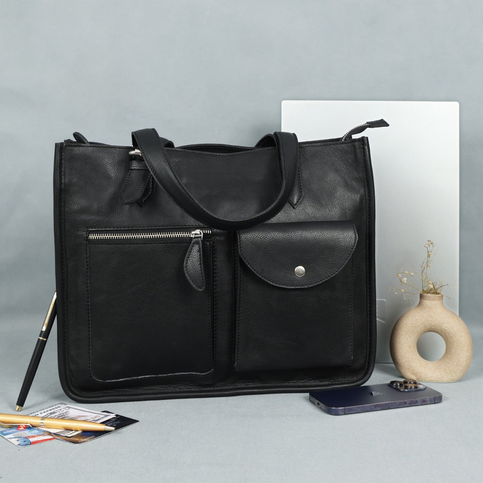 Premium Export Quality Genuine Leather Office Tote Bag with Zip Pockets & Sling Strap