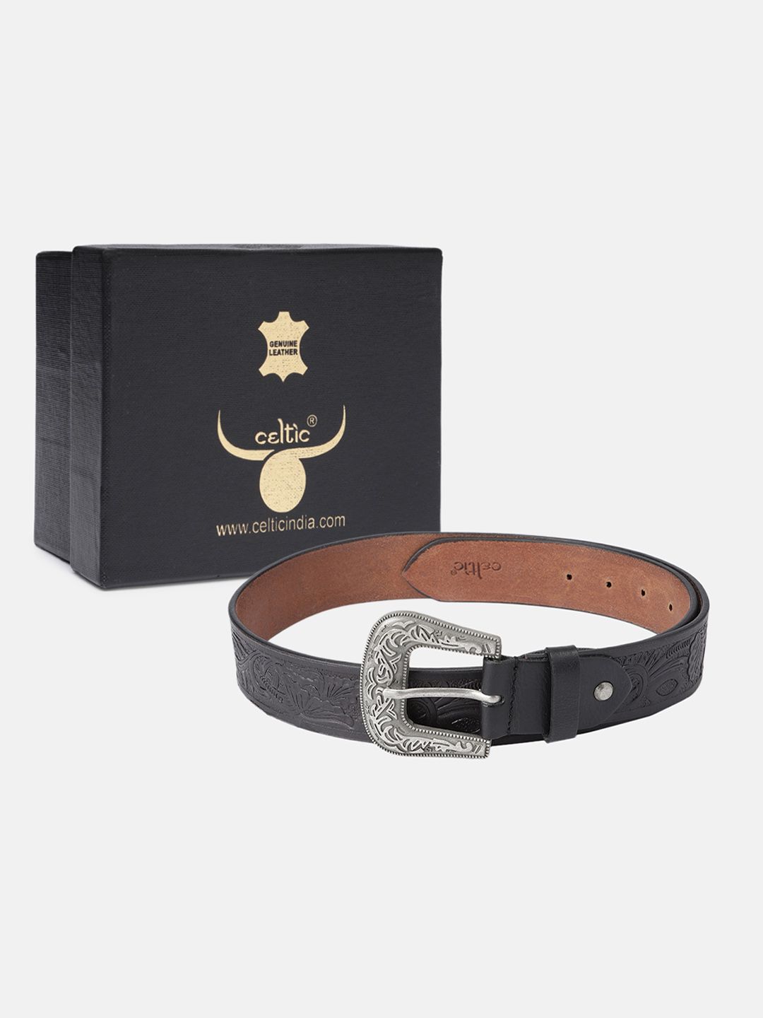 Unisex Genuine Leather Embossed Black Western Waist Accessory Silver Buckle