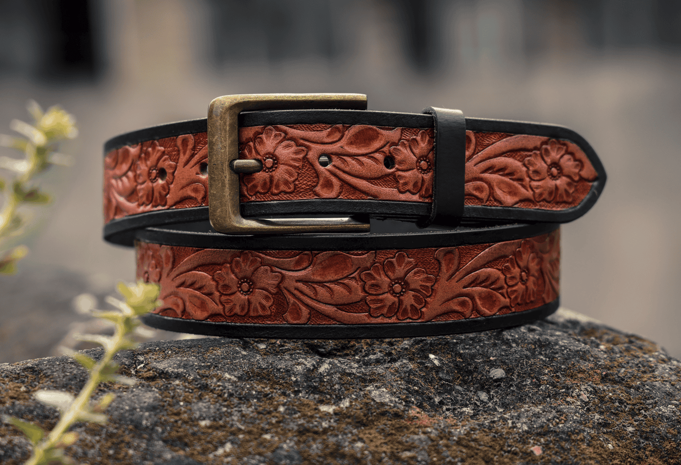 Premium Hand-Made Brown and Black Tooling Belt with Brass Antique Buckle. - CELTICINDIA