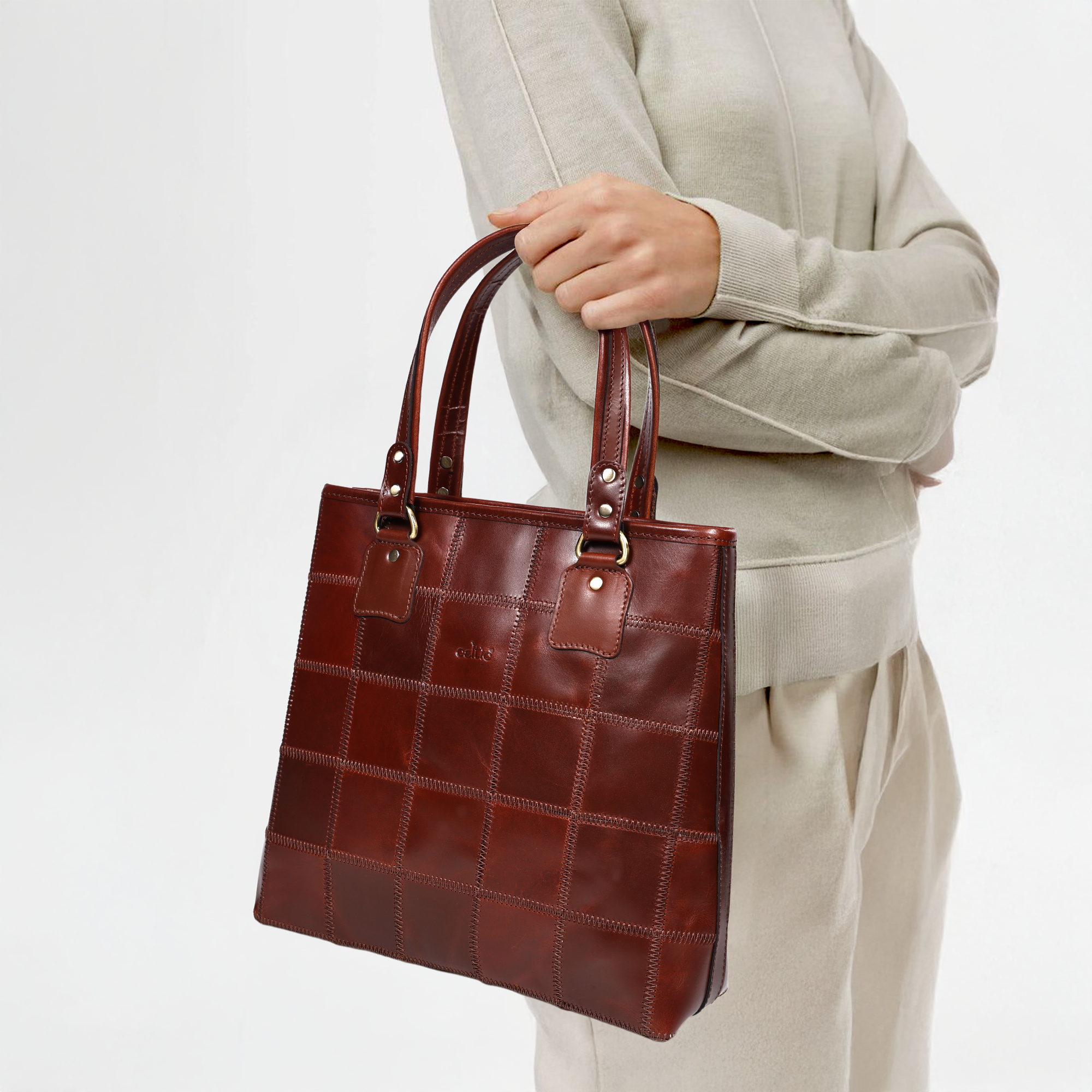 Women Black Leather Tote Bag with Patchwork Design and Spacious Interior