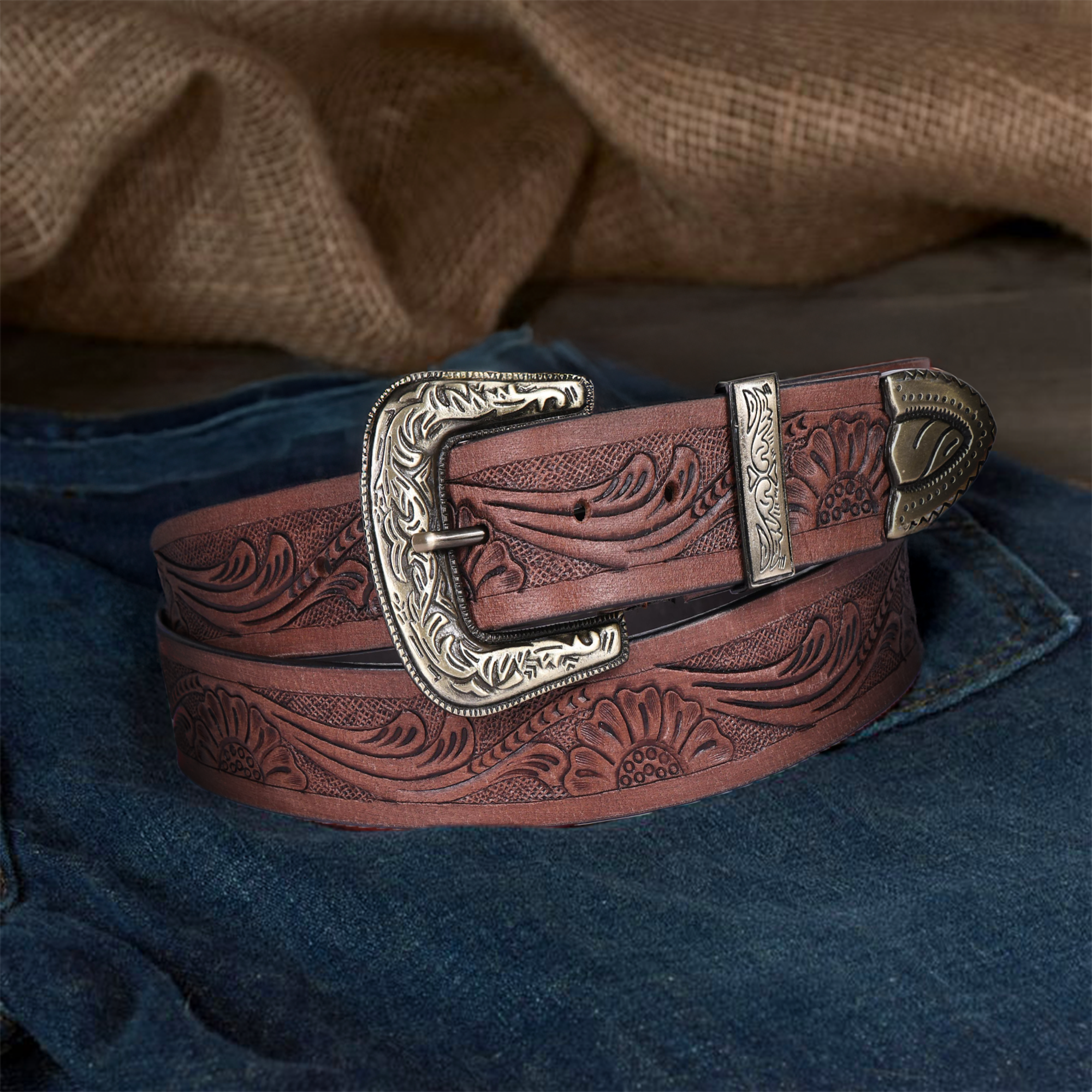 Genuine Leather Embossed Black Western Waist Accessory Ornate Buckle Tip