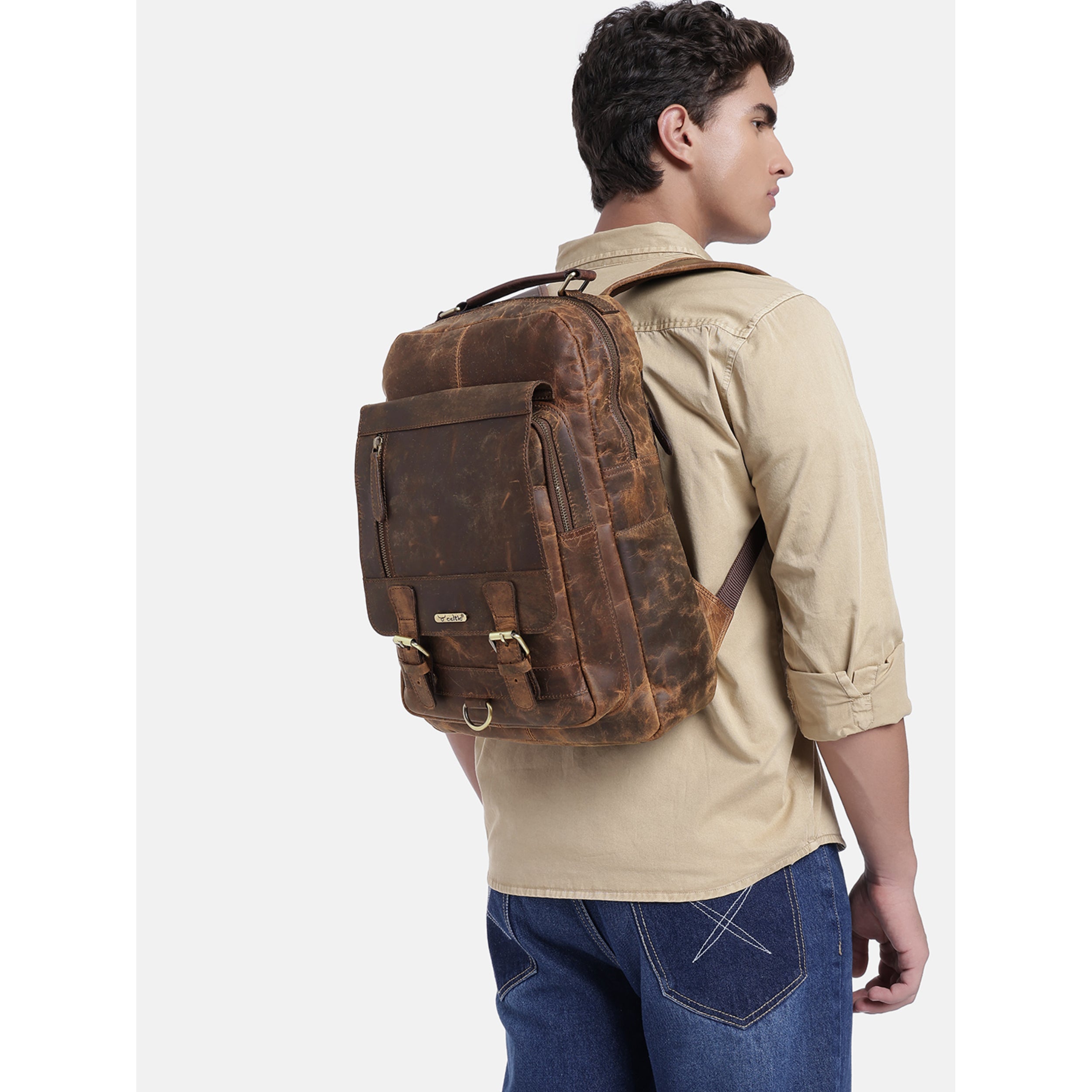 Premium Genuine Leather Backpack with Front Zip Pocket & Padded Shoulder Straps