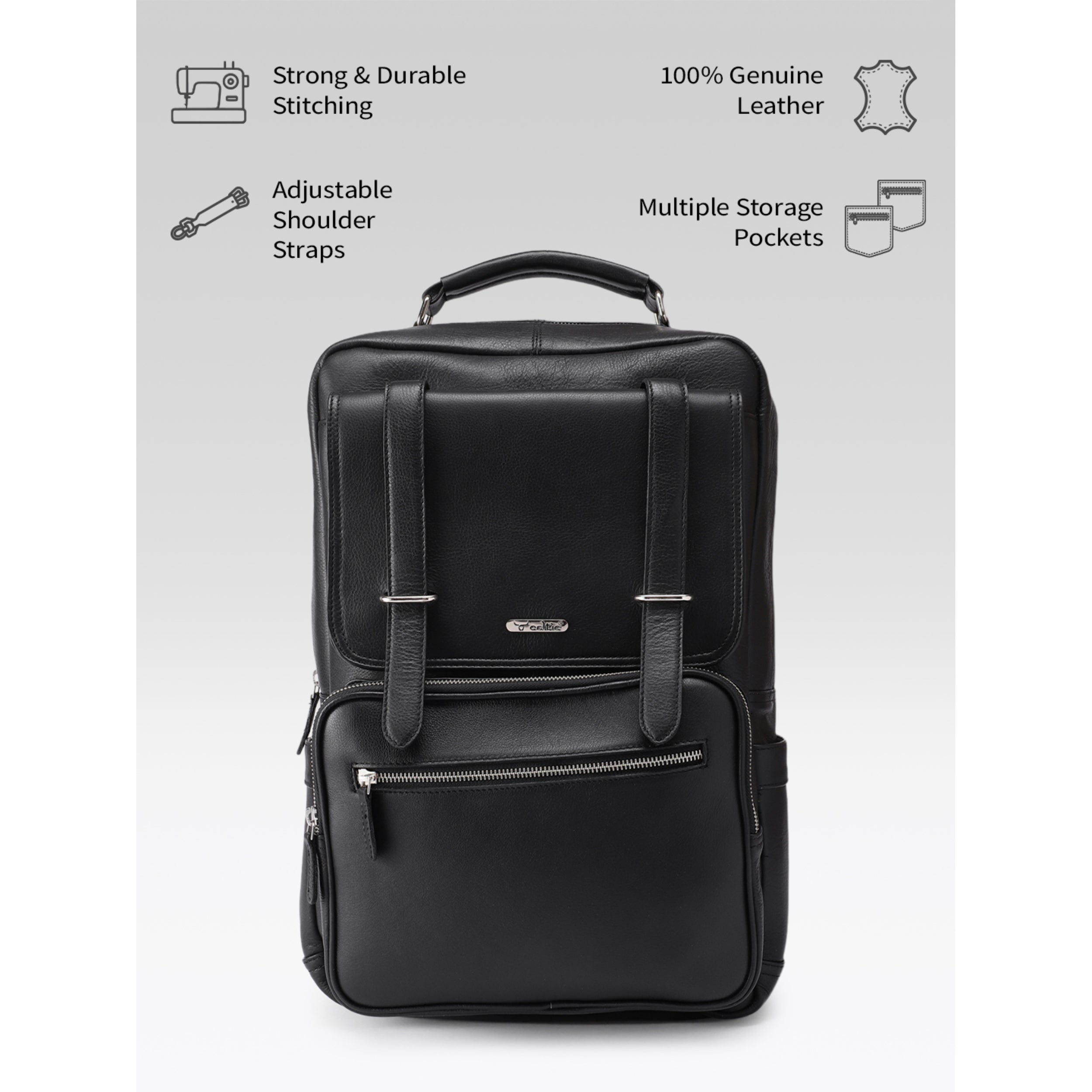 Premium Genuine Leather Laptop Backpack with Multi-Zip Compartments & Top Handle