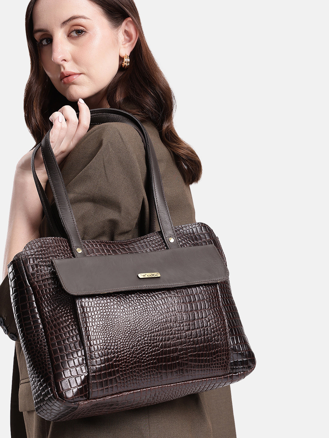 Premium Genuine Croc-Embossed Leather Tote Bag with Zip Compartments & Long Shoulder Straps