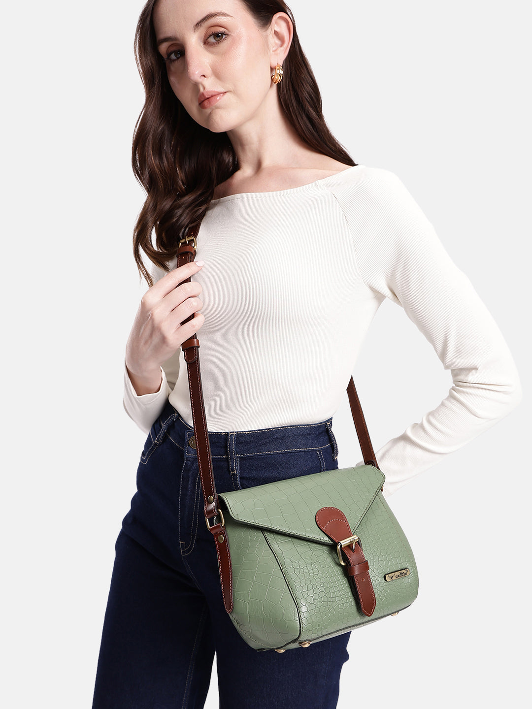 Croc-Texture Structured Sling Bag with Buckle Flap