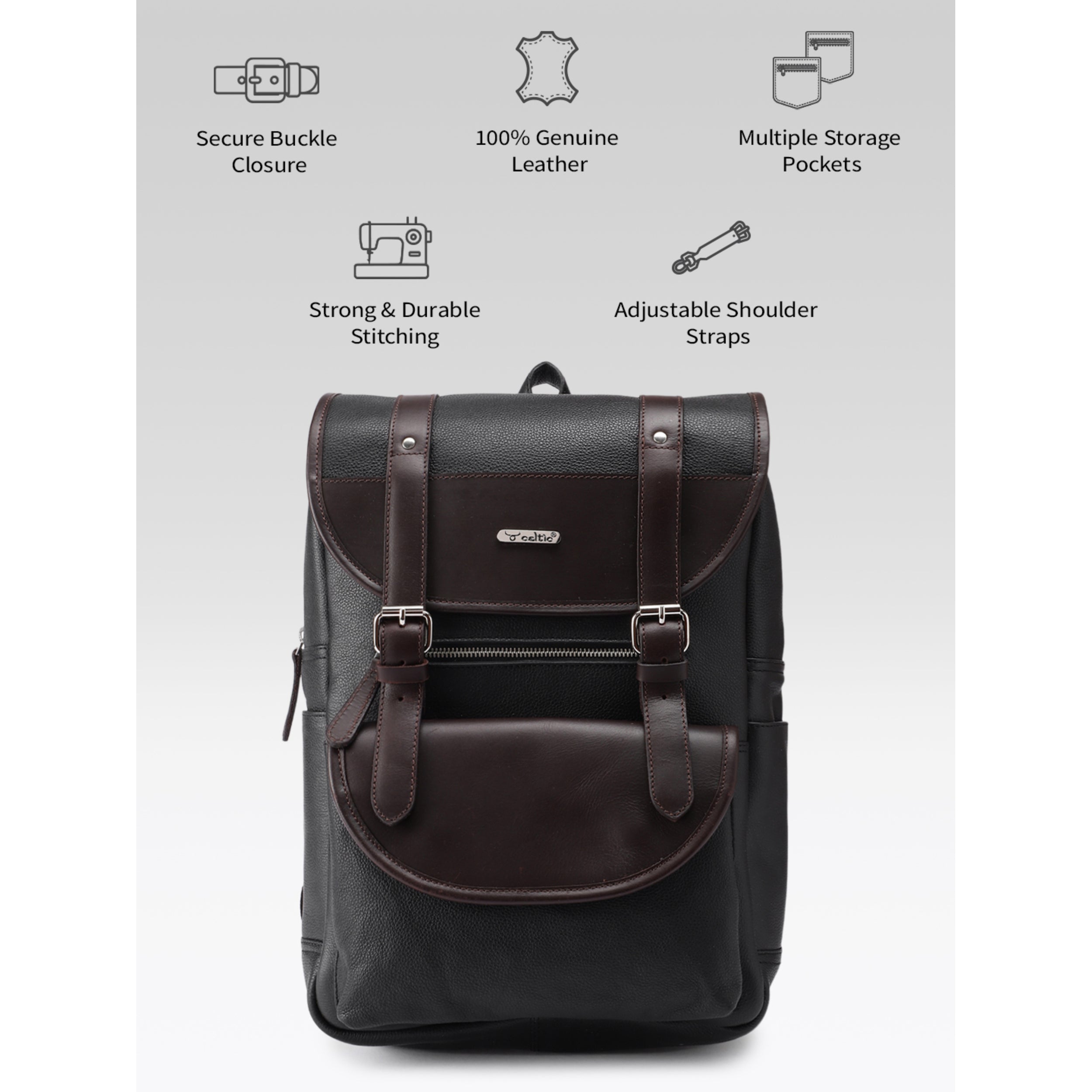 Premium Genuine Leather Laptop Backpack with Dual Buckle Design, Multiple Zip Pockets