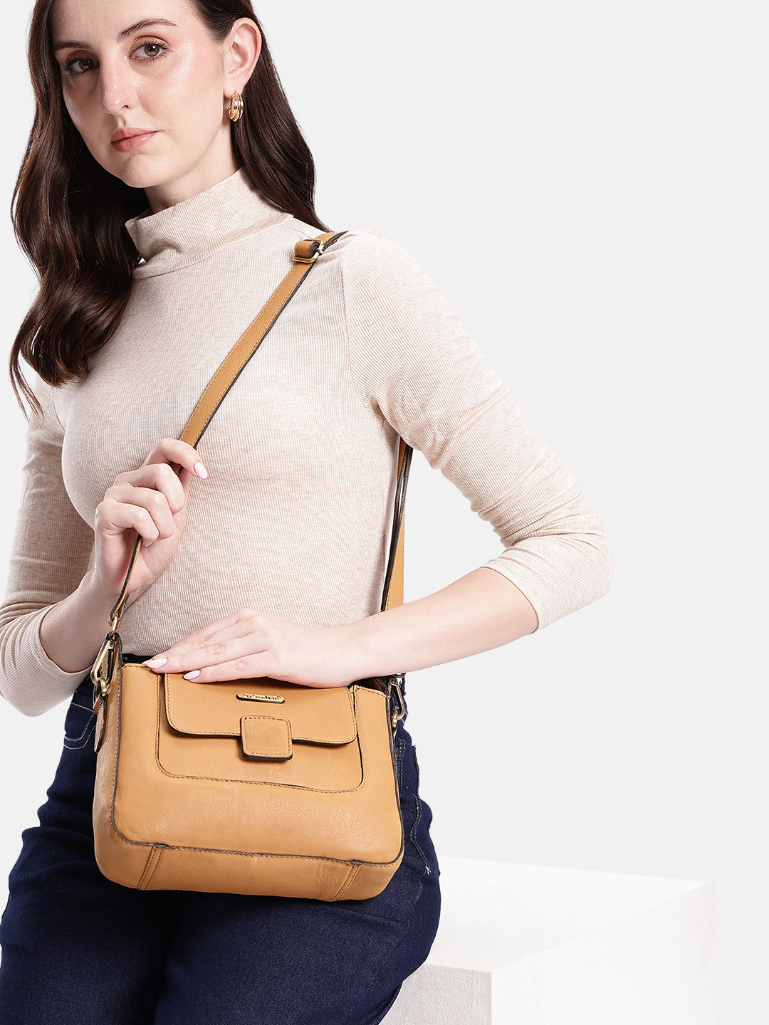 Premium Genuine Leather Flap Crossbody Sling Bag with Adjustable Strap