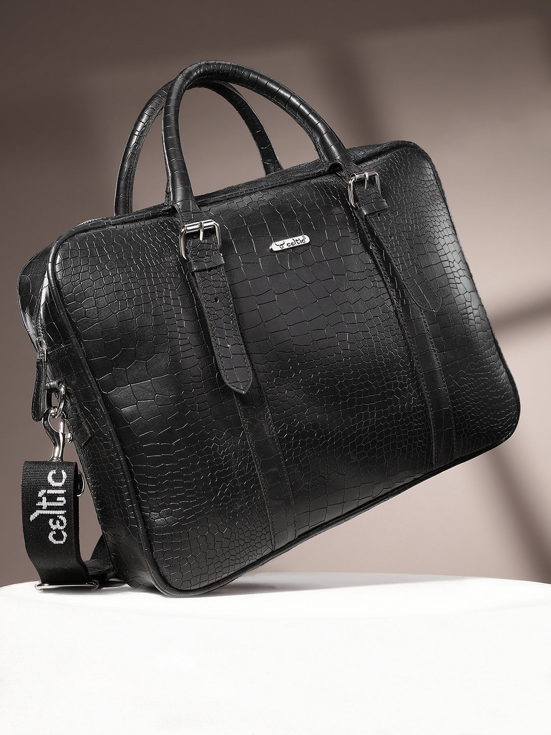 Premium Croc-Textured Black Leather Office Laptop Bag with Adjustable Shoulder Strap