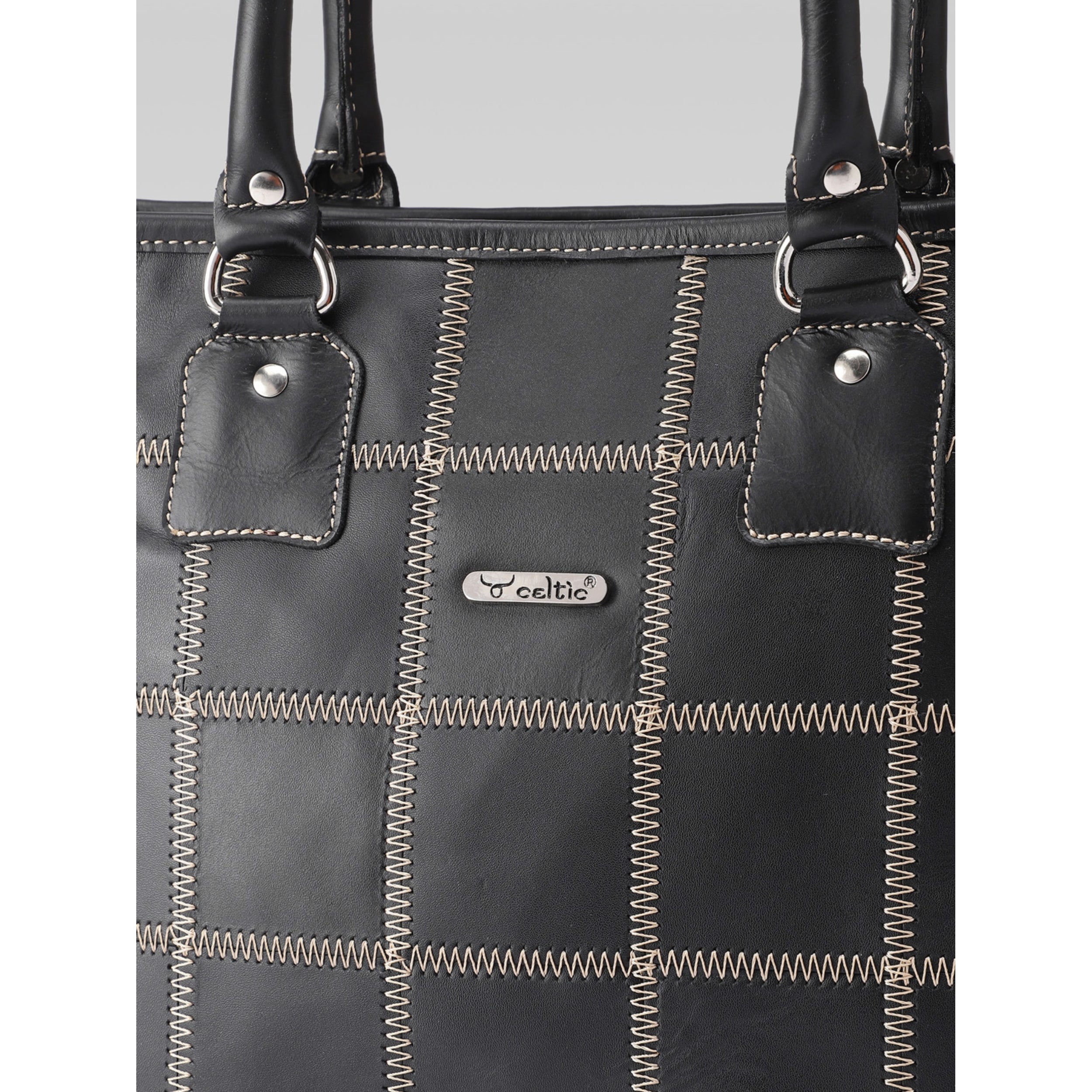 Premium Genuine Leather Shoulder totebag with Grid Stitching & Zip Closure