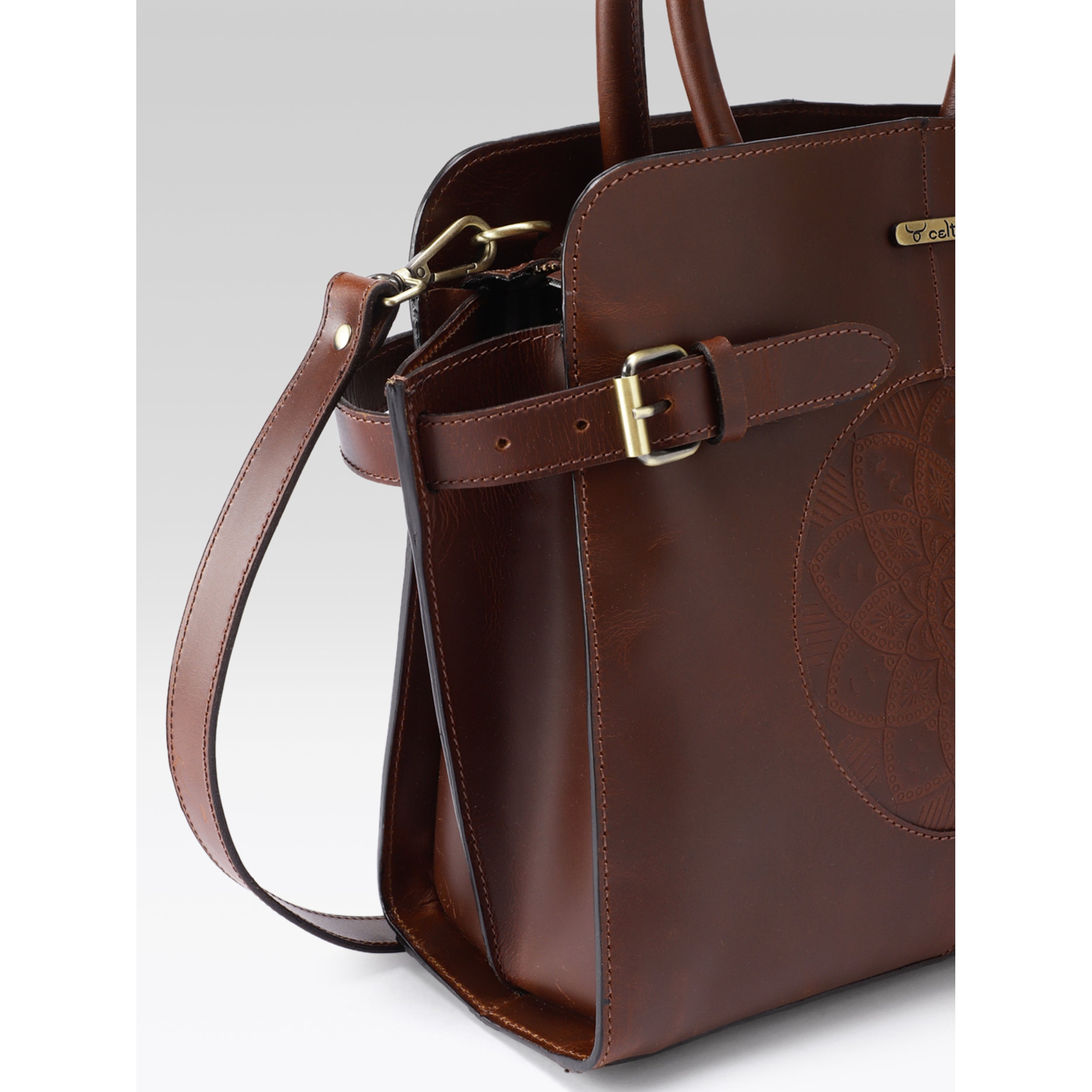 Premium Genuine Leather Satchel hand Bag with Embossed Front Panel