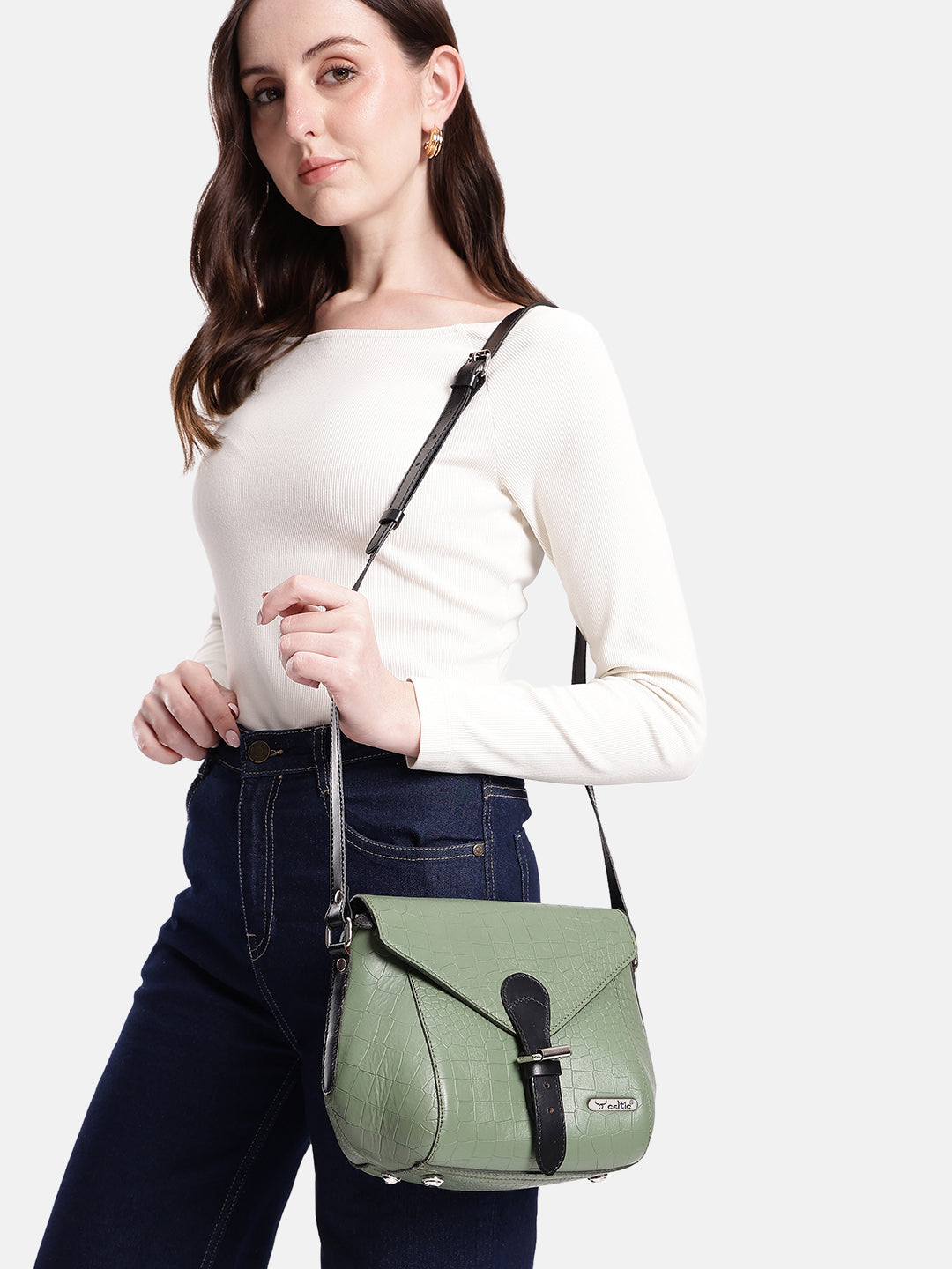 Premium Croc-Texture Structured SlingBag with Buckle Flap & Adjustable Strap