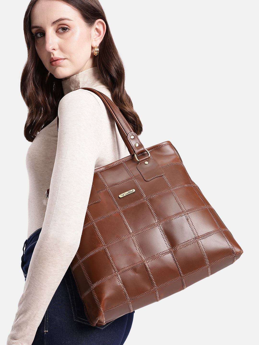 Genuine Leather Brown Tote Bag with Patchwork Design and Top Zip Closure