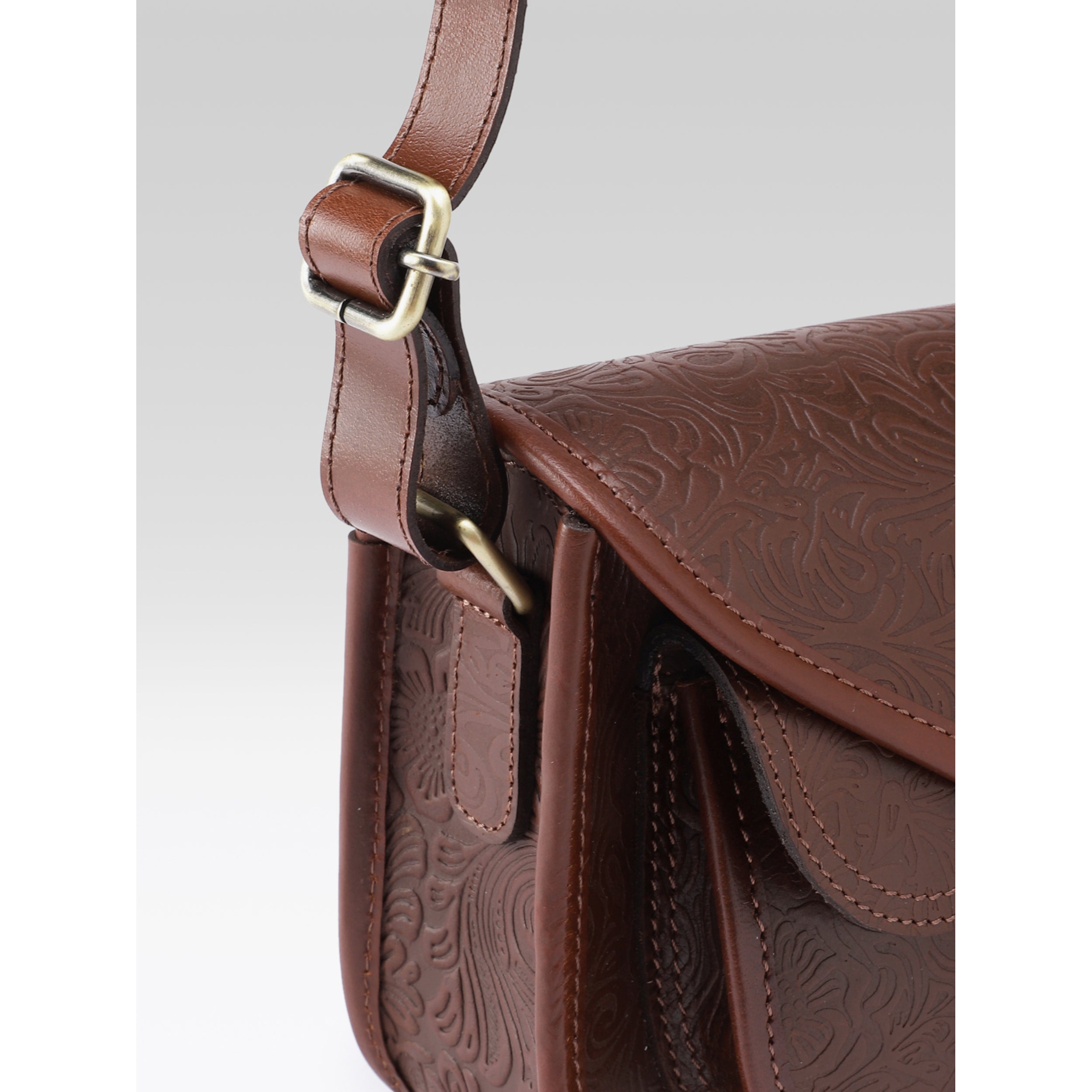 Premium Genuine Embossed Leather Sling Bag with Buckle Flap & Front Pocket