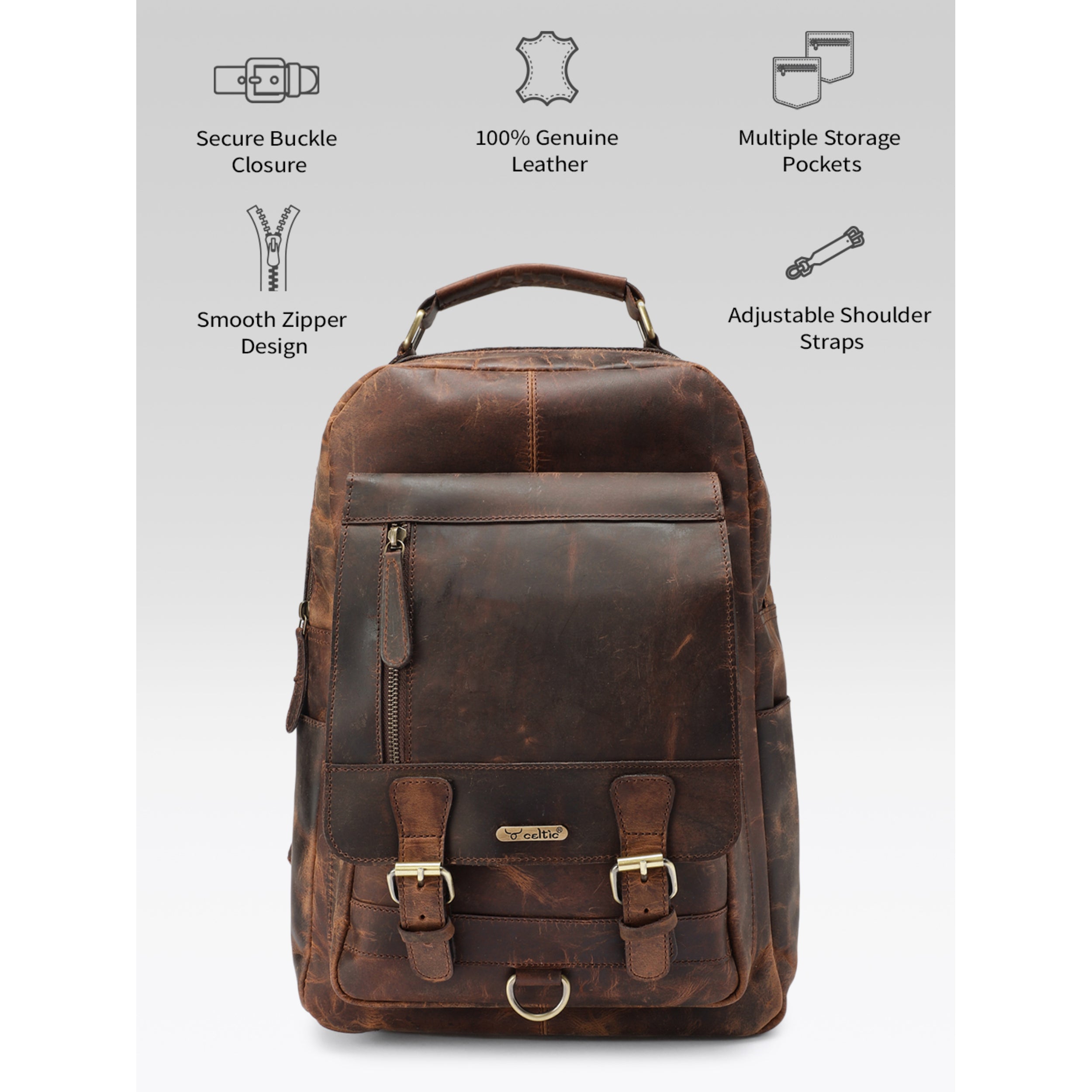 Premium Genuine Leather Backpack with Front Zip Pocket & Padded Shoulder Straps