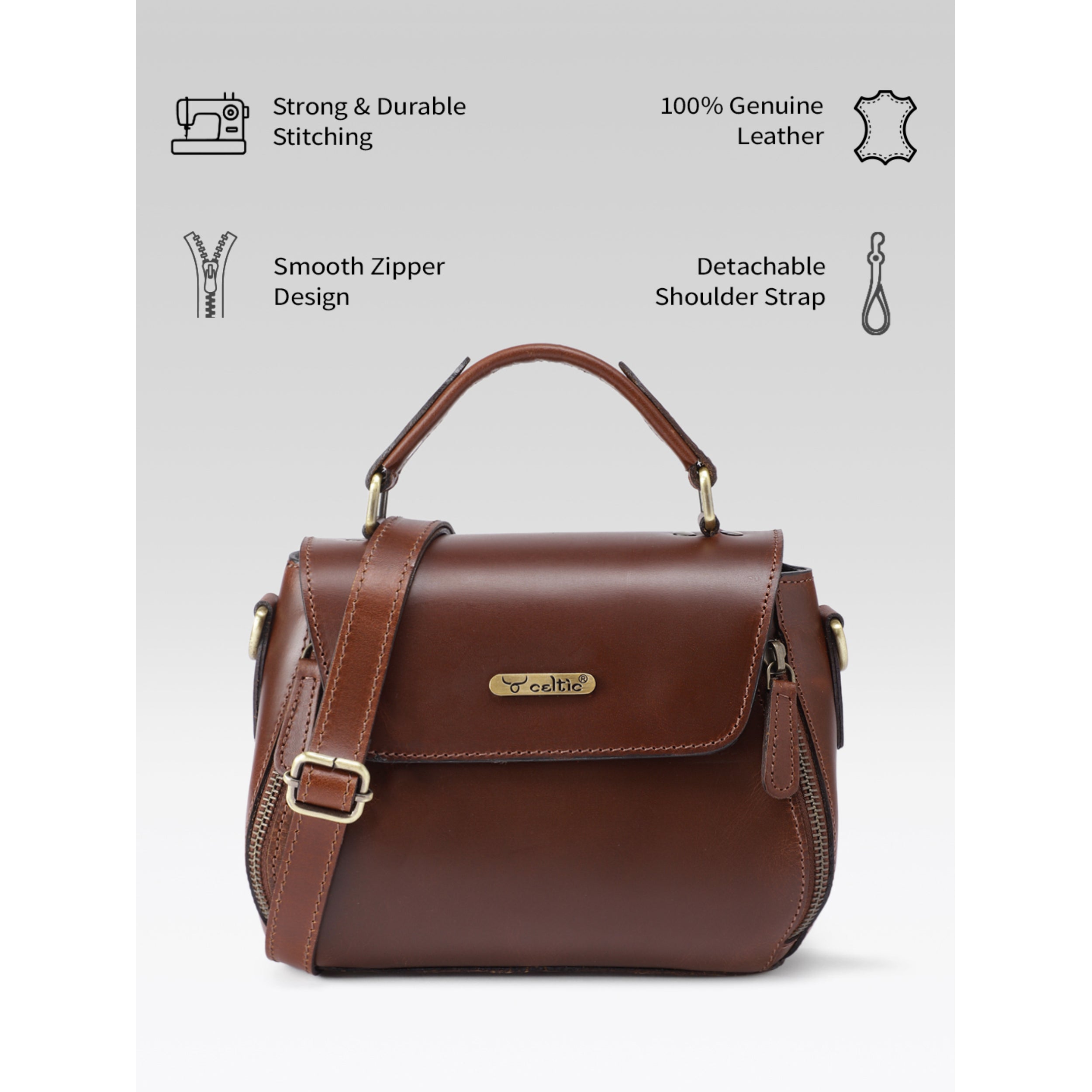 Premium Genuine Leather Top-Handle Handbag with Flap Closure & Zip Compartments