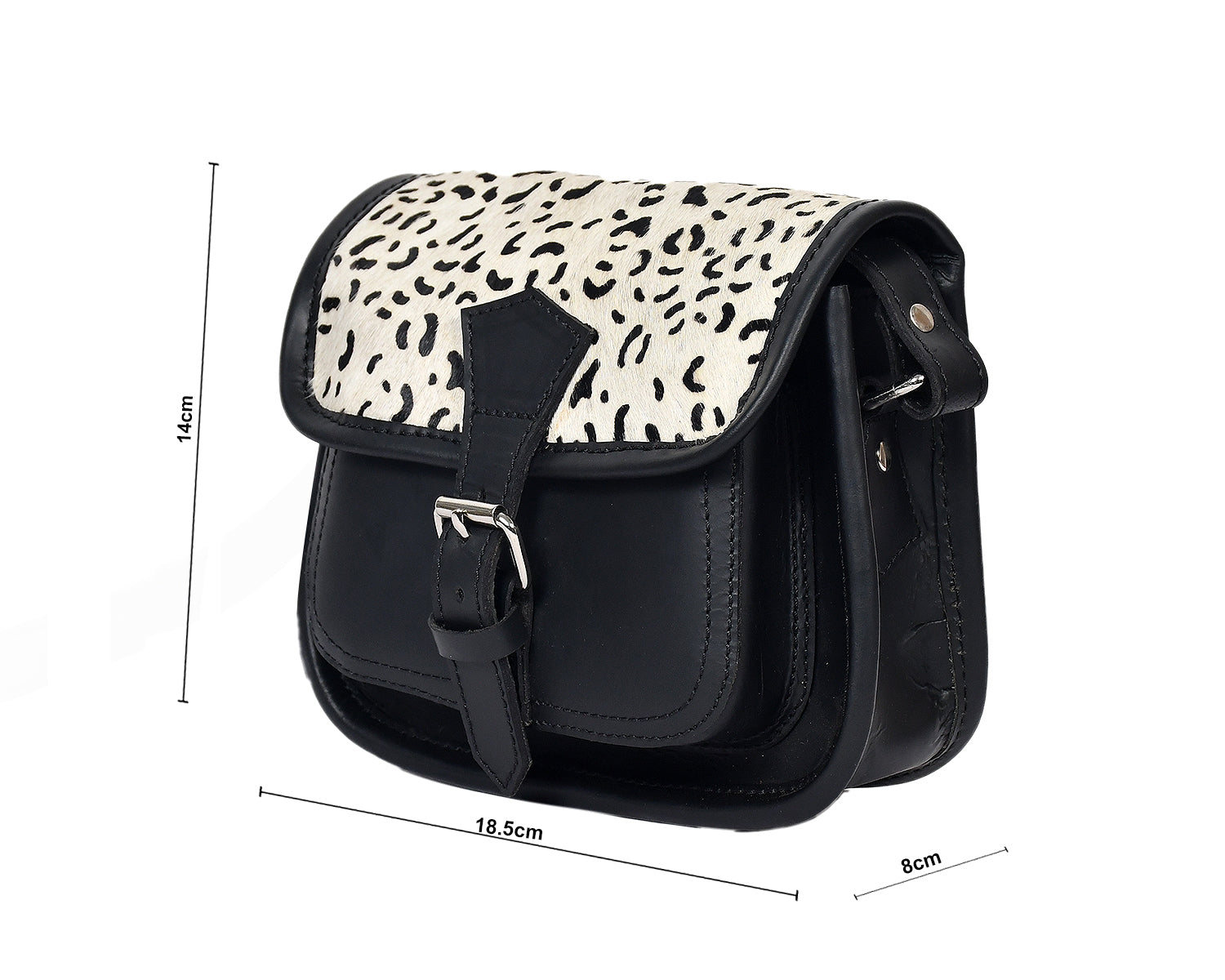 Black Leather Sling Bag with Printed Animal Pattern Flap